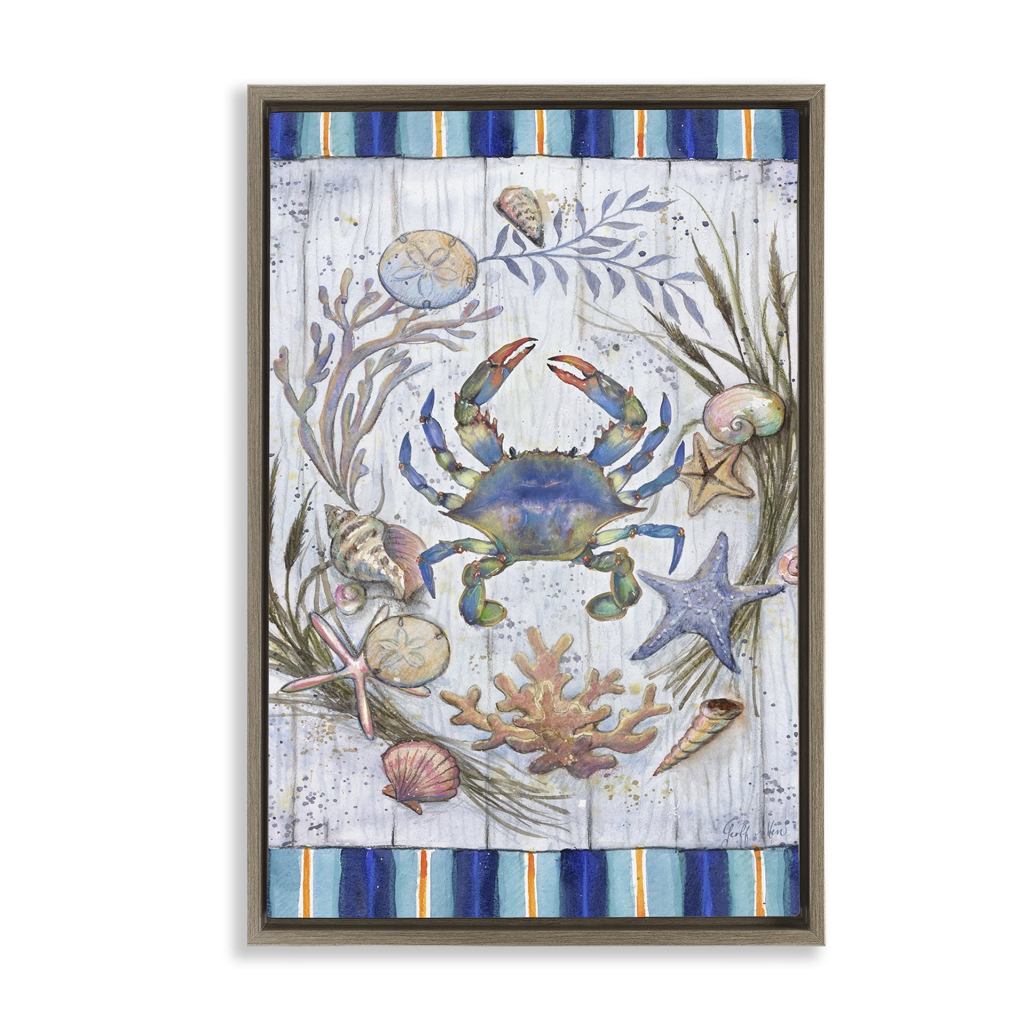 Stupell Industries Coastal Wreath & Crab Nautical & Beach Painting Brown Floater Framed Canvas Art Print Wall Art, 21 x 31