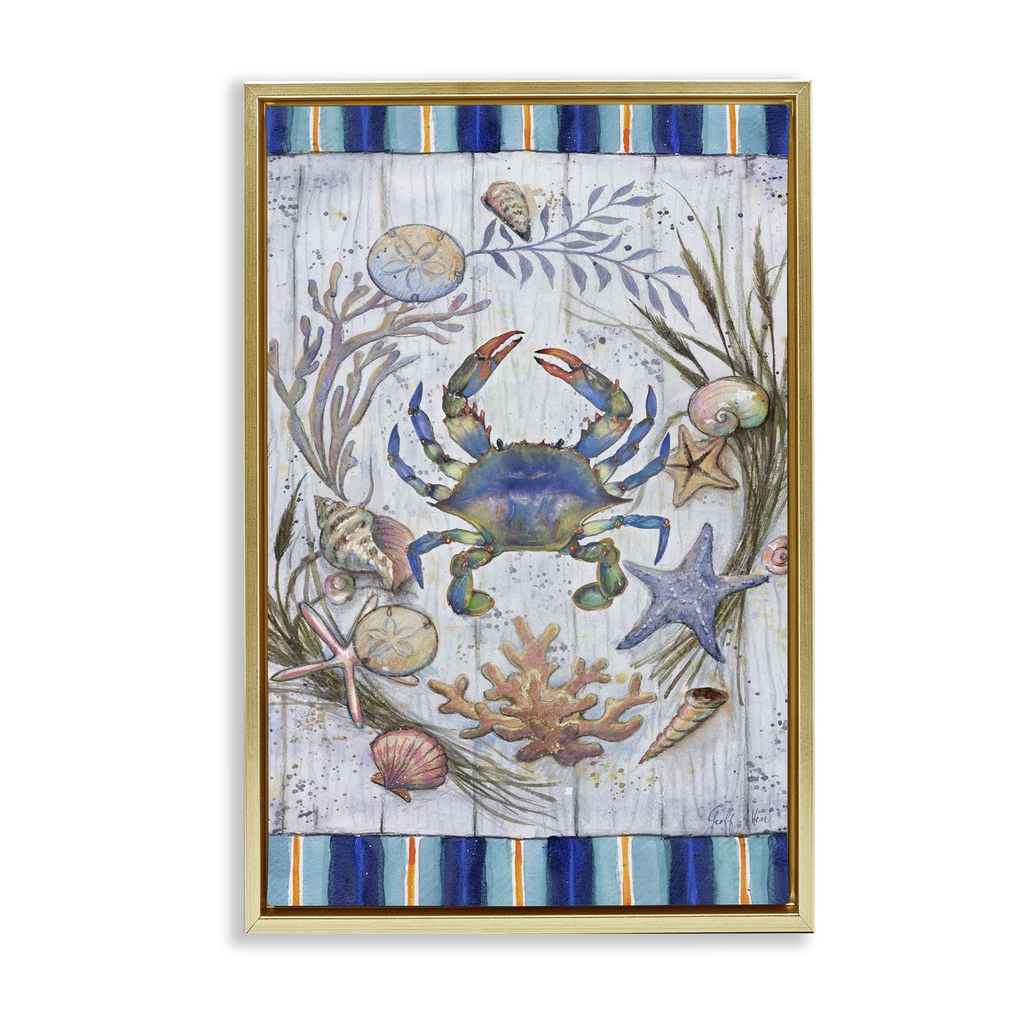 Stupell Industries Coastal Wreath & Crab Nautical & Beach Painting Gold Floater Framed Canvas Art Print Wall Art, 21 x 31