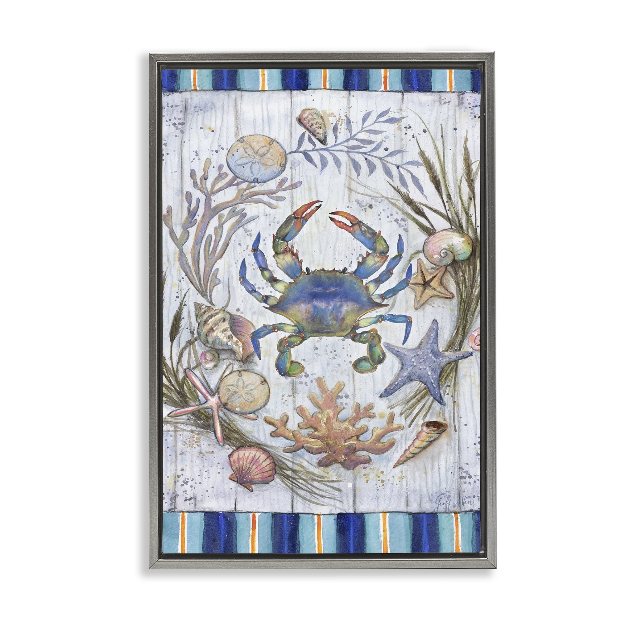 Stupell Industries Coastal Wreath & Crab Nautical & Beach Painting Gray Floater Framed Canvas Art Print Wall Art, 17 x 25