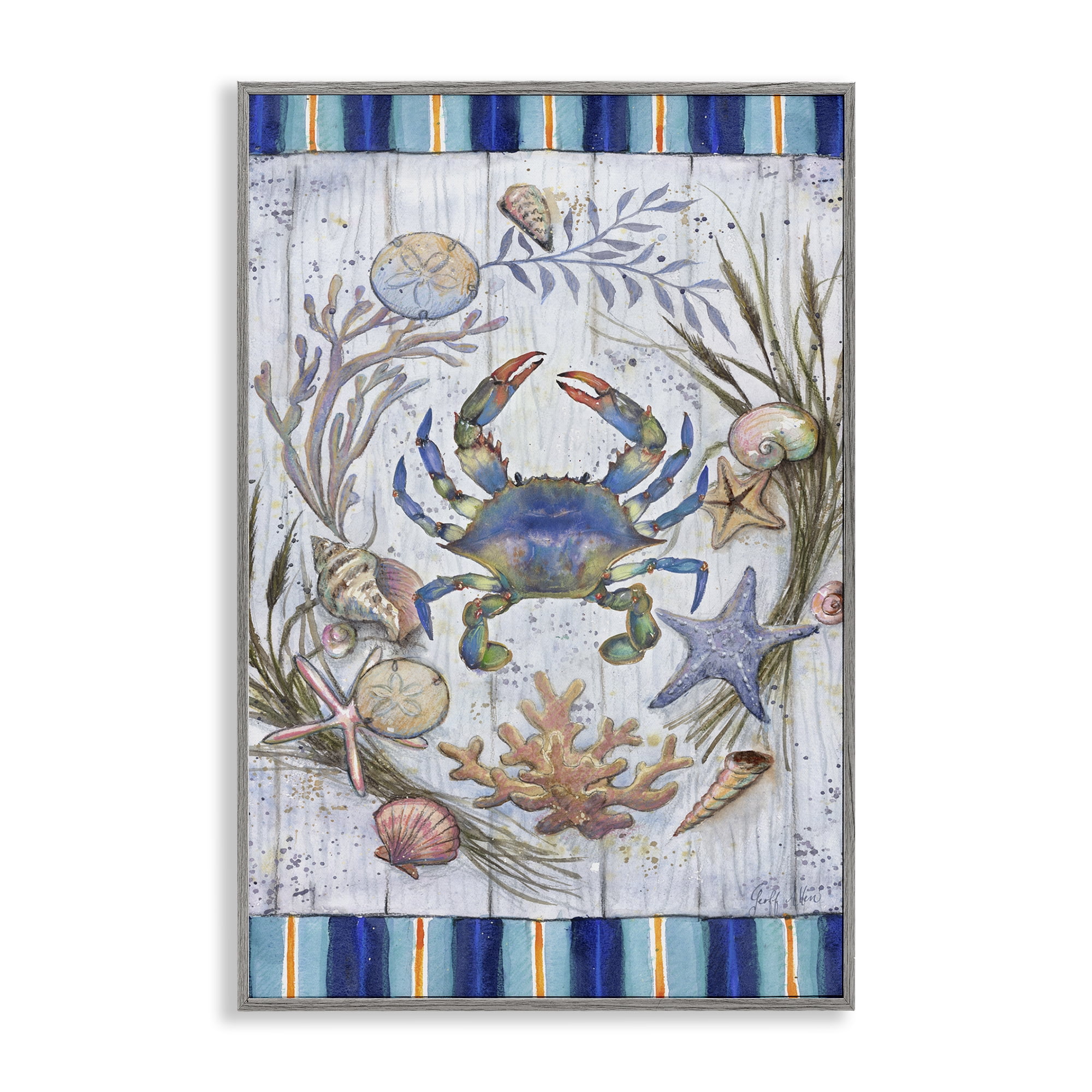 Stupell Industries Coastal Wreath & Crab Nautical & Beach Painting Gray Framed Art Print Wall Art, 16 x 24