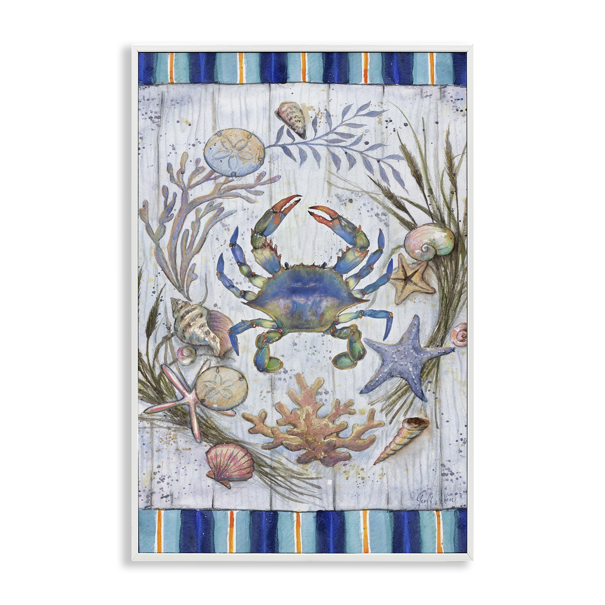 Stupell Industries Coastal Wreath & Crab Nautical & Beach Painting White Framed Art Print Wall Art, 20 x 30
