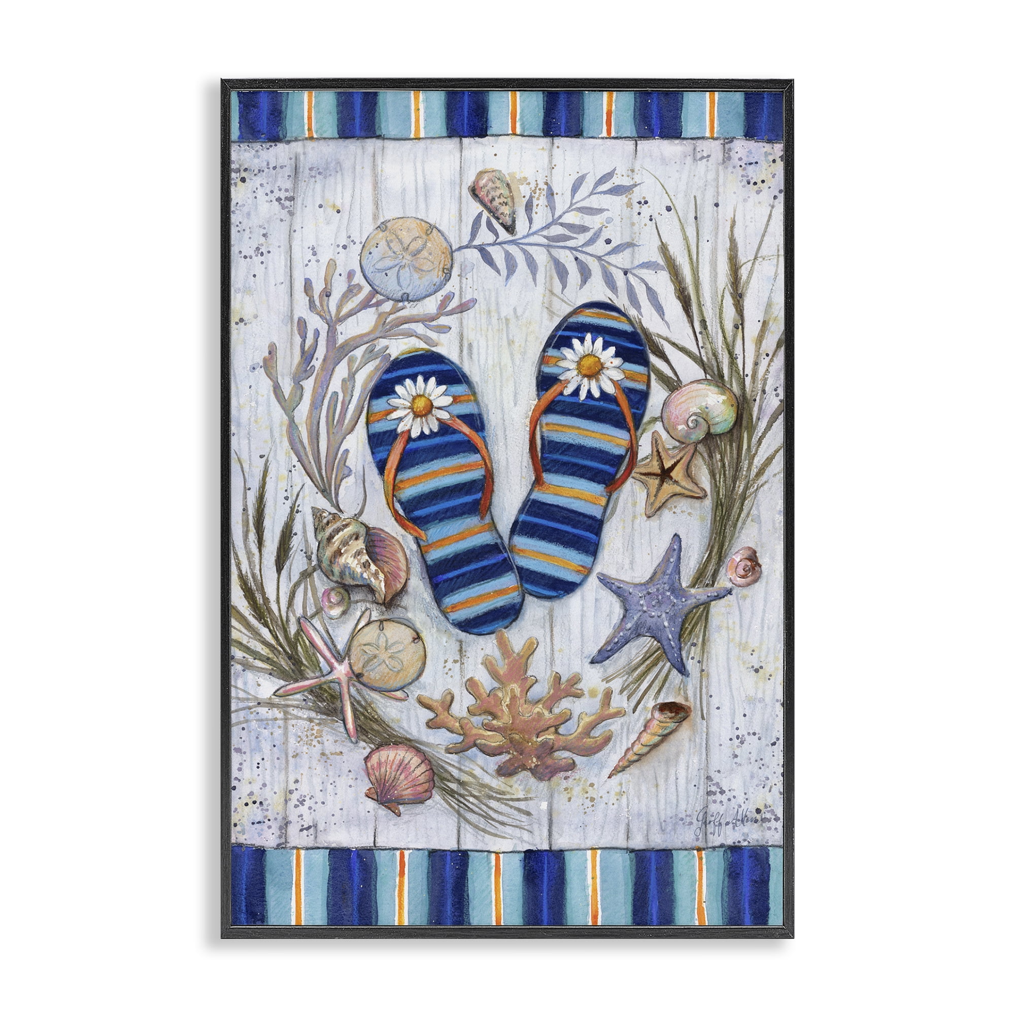 Stupell Industries Coastal Wreath & Flip Flops Nautical & Beach Painting Black Framed Art Print Wall Art, 12 x 18