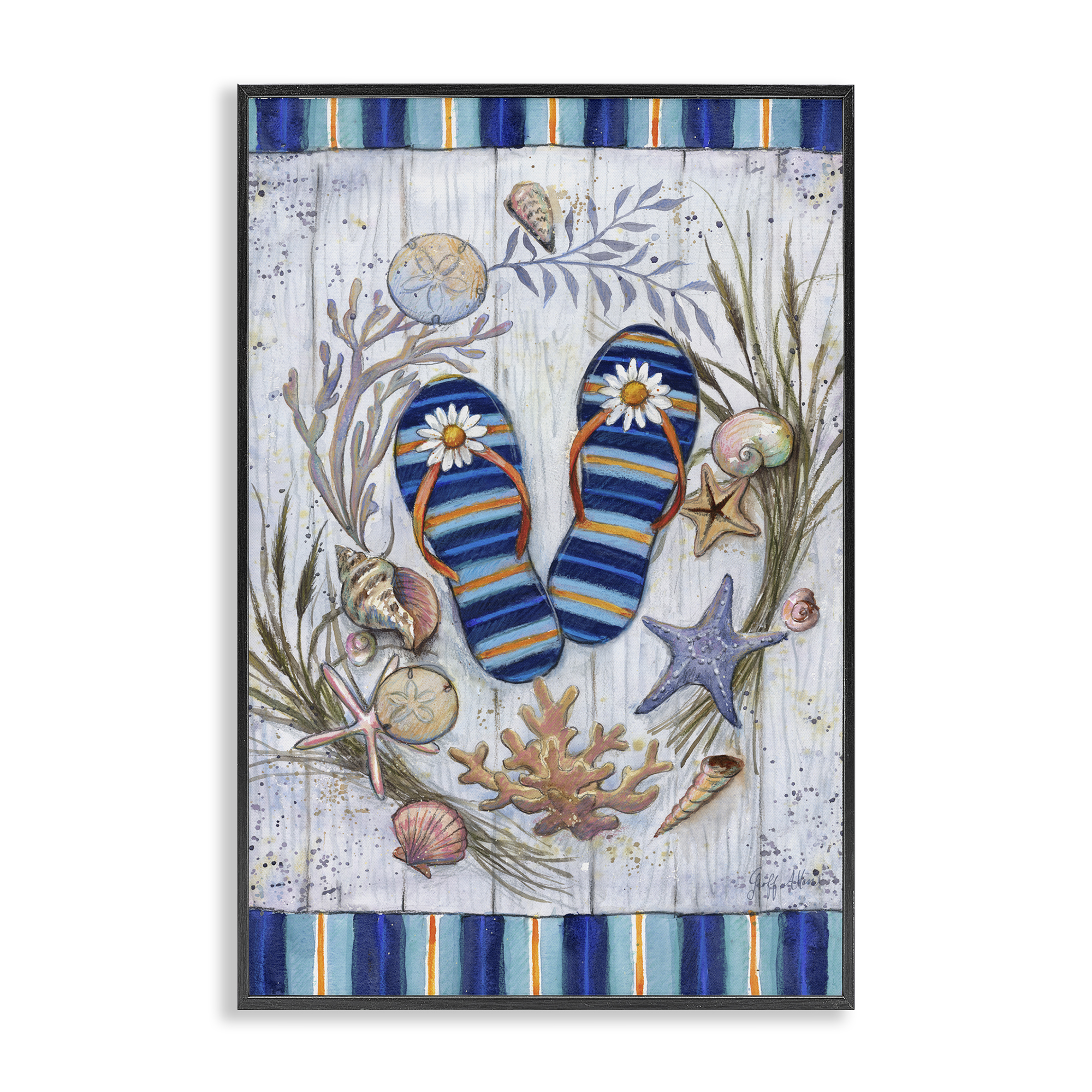 Stupell Industries Coastal Wreath & Flip Flops Nautical & Beach Painting Black Framed Art Print Wall Art, 16 x 24