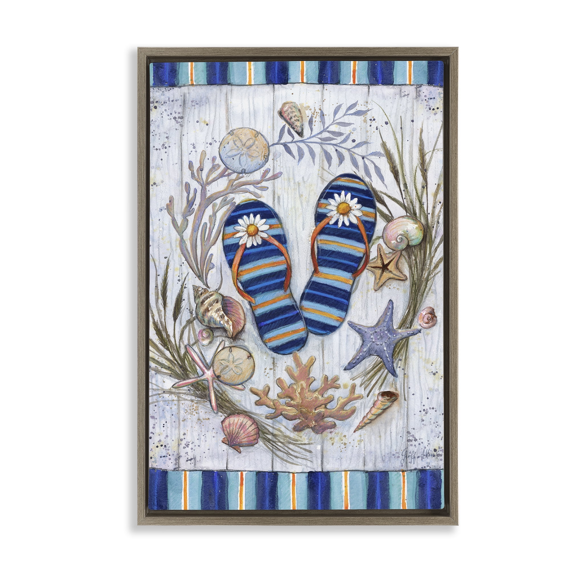 Stupell Industries Coastal Wreath & Flip Flops Nautical & Beach Painting Brown Floater Framed Canvas Art Print Wall Art, 17 x 25