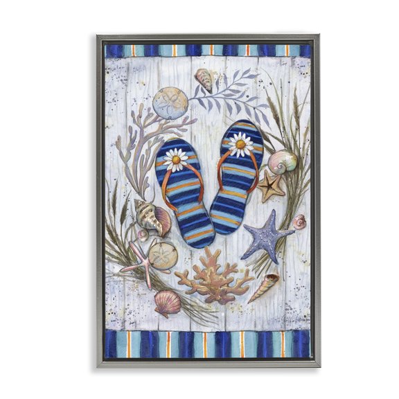 Stupell Industries Tropical Coastal Wreath & Flip Flops Gray Floating Frame Canvas Art, 17 x 25, by Geoff Allen