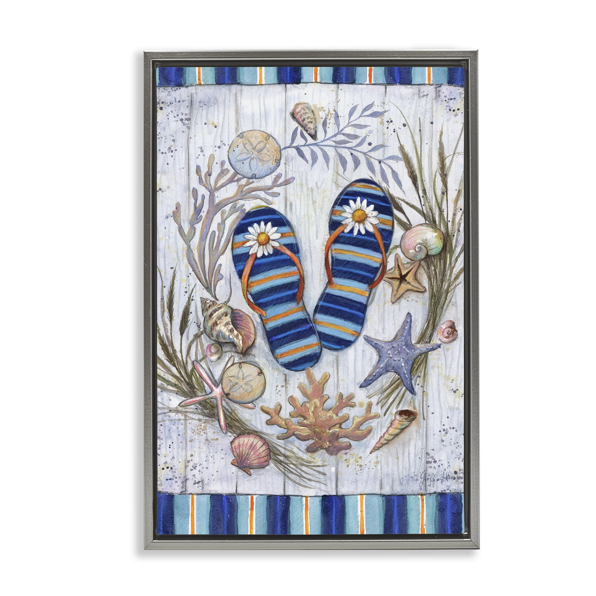Stupell Industries Coastal Wreath & Flip Flops Nautical & Beach Painting Gray Floater Framed Canvas Art Print Wall Art, 21 x 31