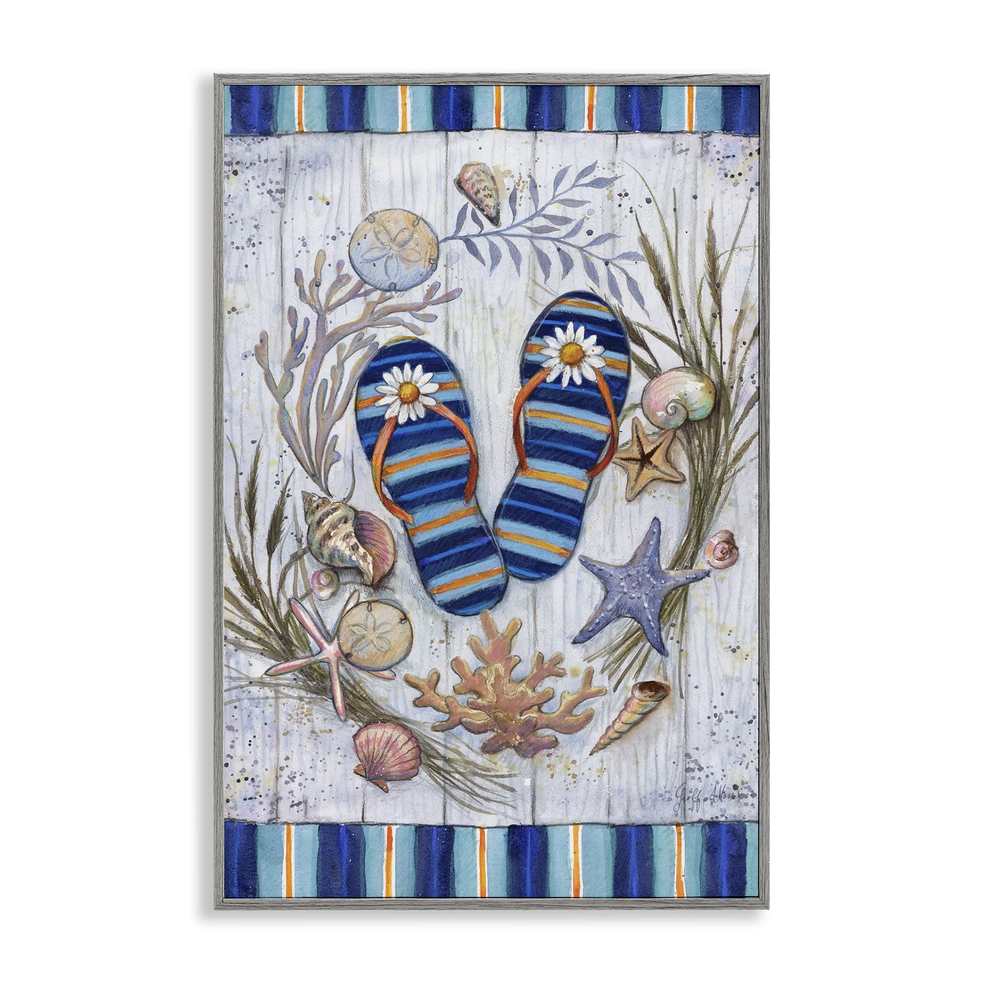 Stupell Industries Coastal Wreath & Flip Flops Nautical & Beach Painting Gray Framed Art Print Wall Art, 20 x 30