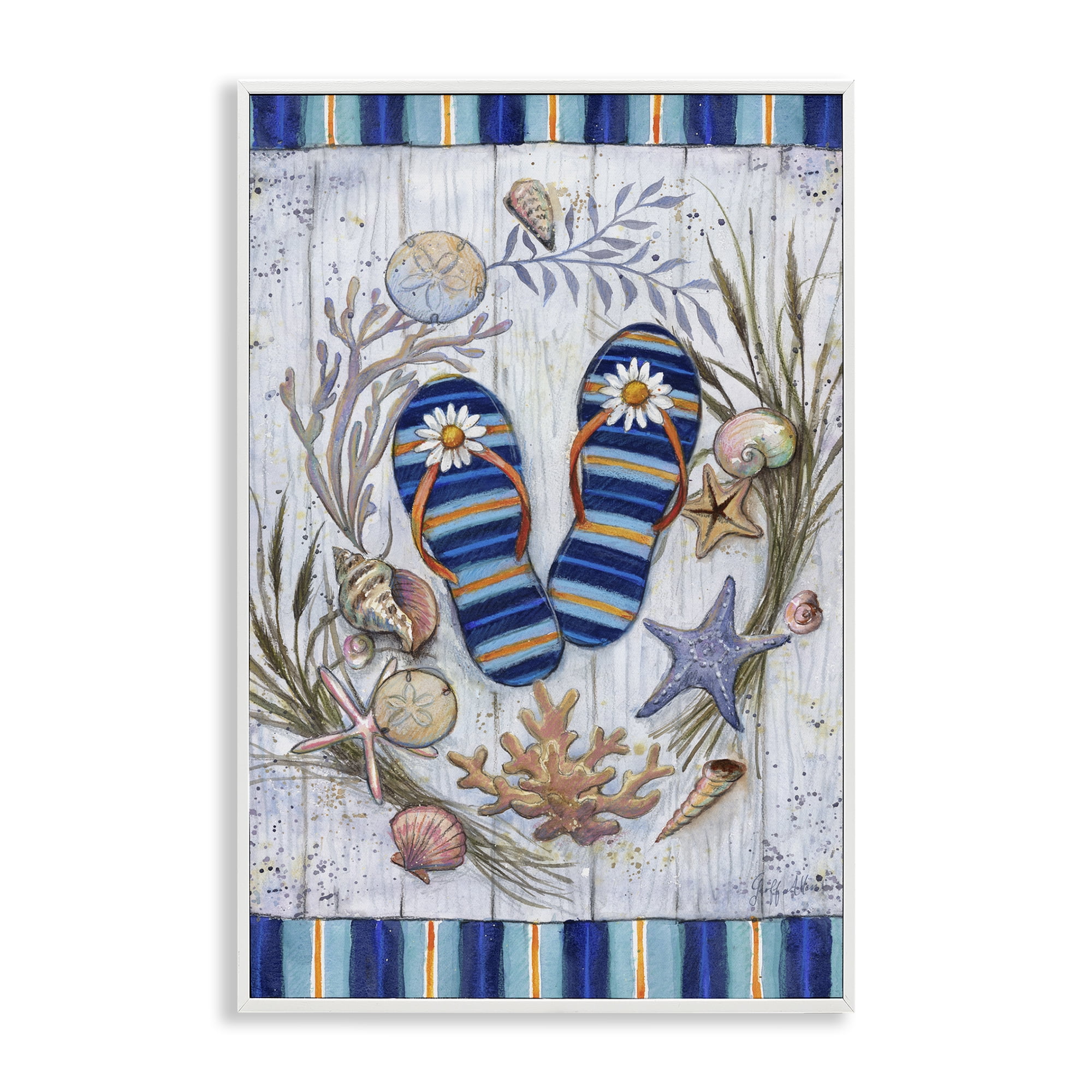 Stupell Industries Coastal Wreath & Flip Flops Nautical & Beach Painting White Framed Art Print Wall Art, 12 x 18