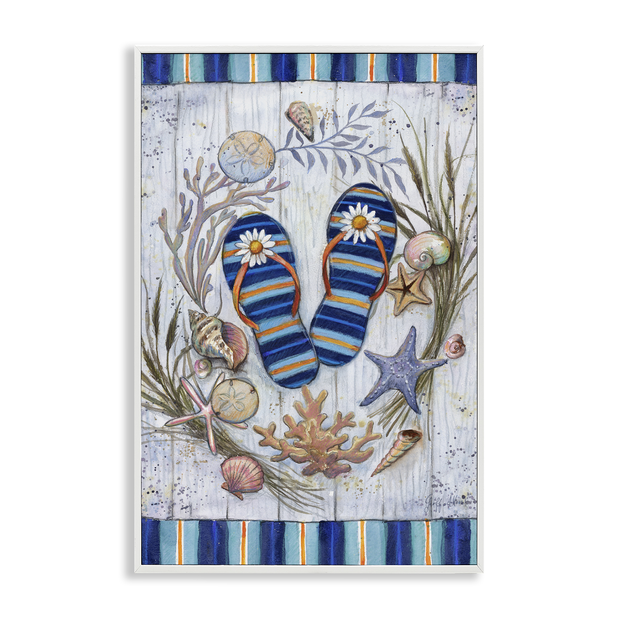 Stupell Industries Coastal Wreath & Flip Flops Nautical & Beach Painting White Framed Art Print Wall Art, 16 x 24
