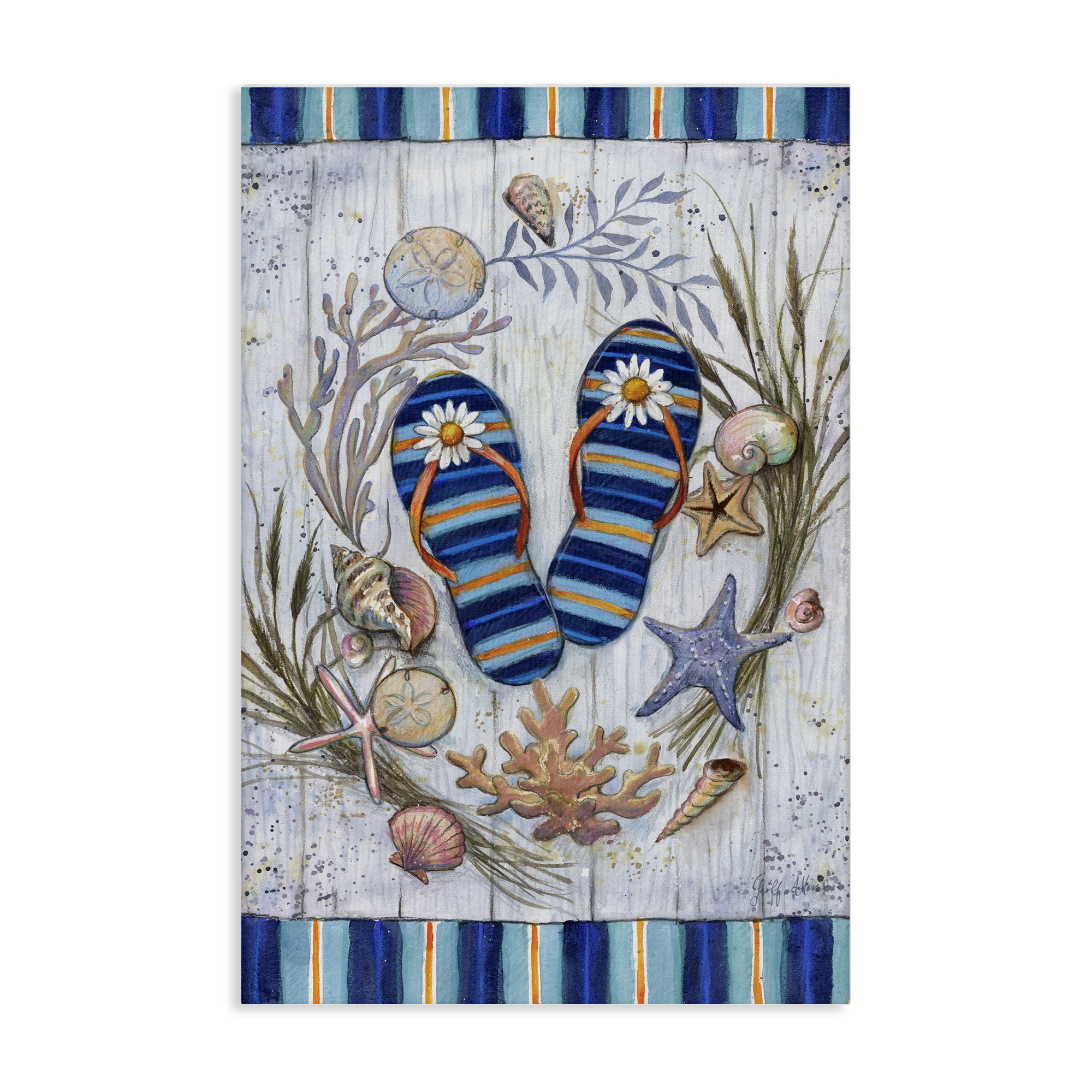 Stupell Industries Coastal Wreath & Flip Flops Nautical & Beach Painting Wrapped Canvas Art Print Wall Art, 16 x 24