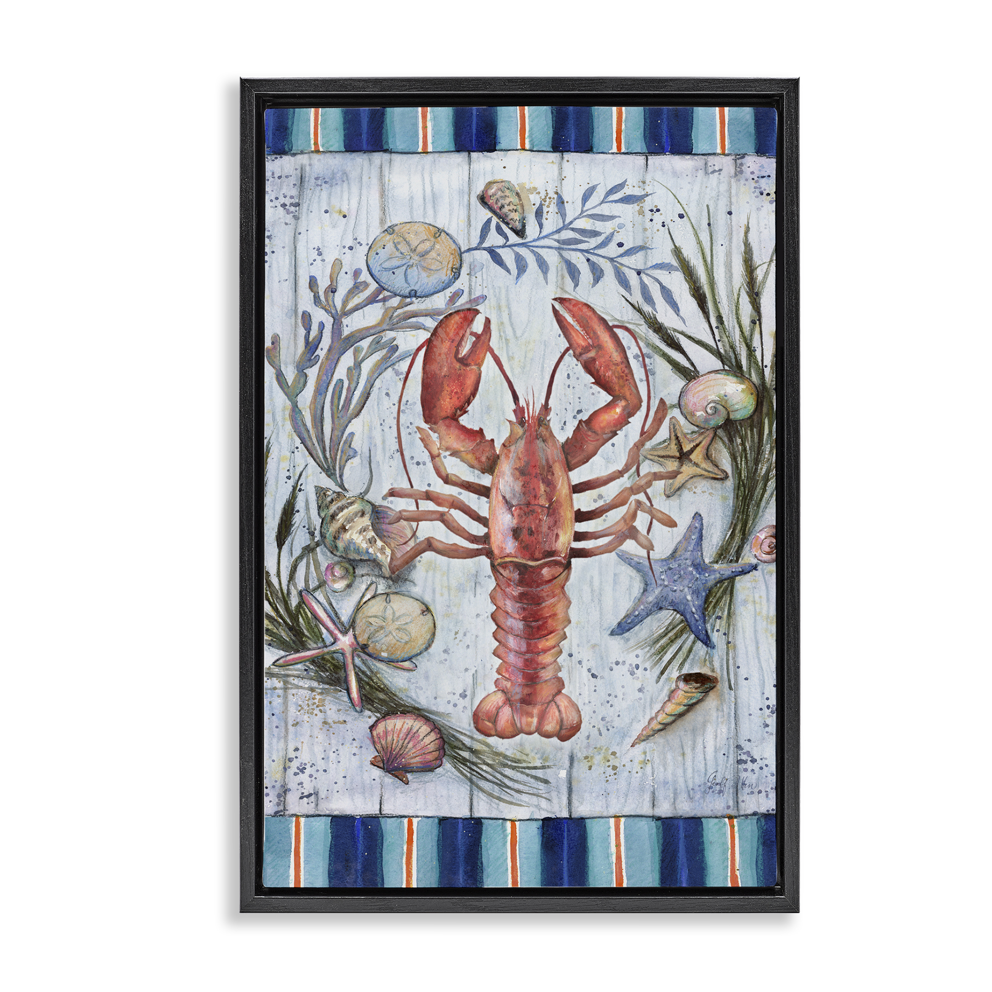 Stupell Industries Coastal Wreath & Lobster Nautical & Beach Painting Black Floater Framed Canvas Art Print Wall Art, 17 x 25