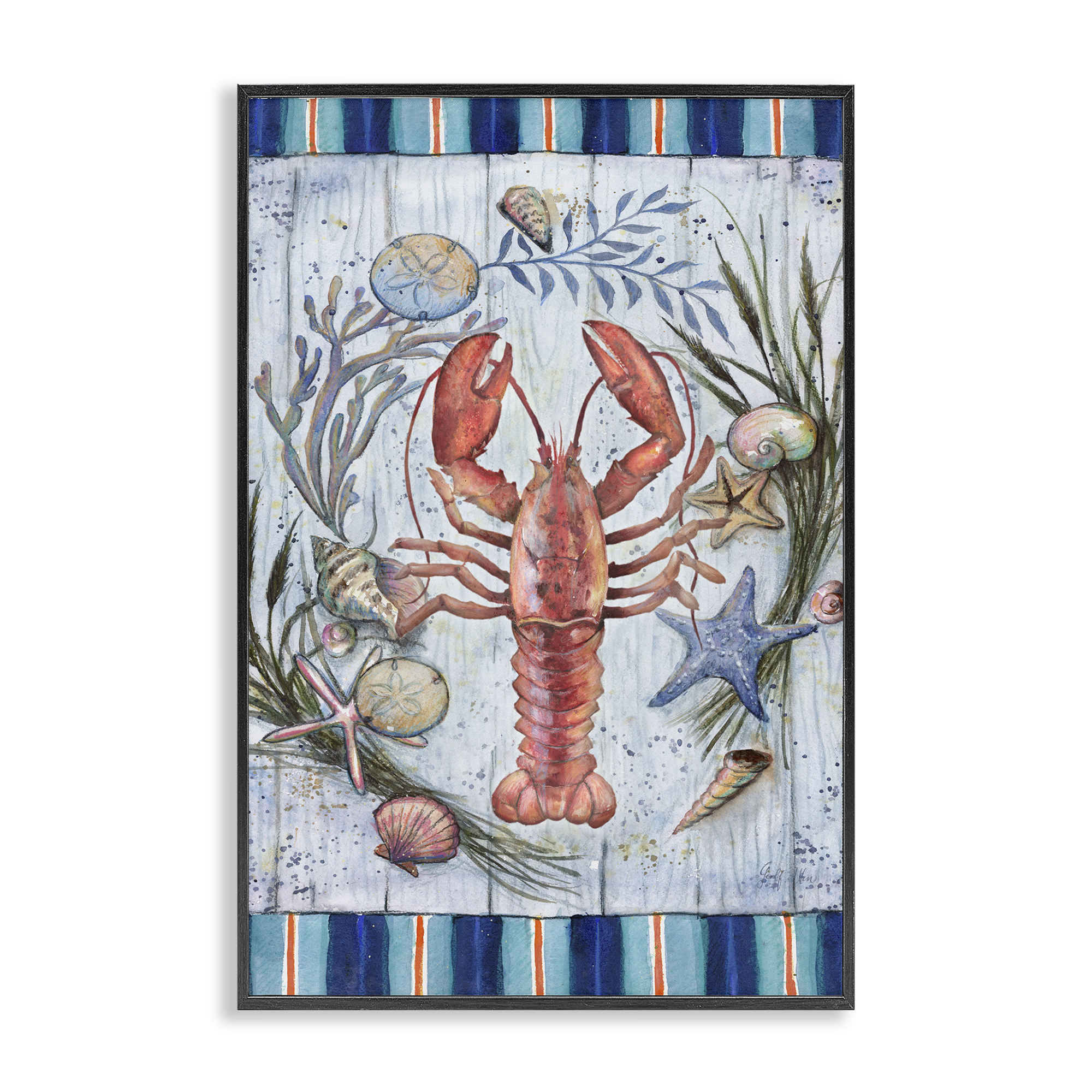 Stupell Industries Coastal Wreath & Lobster Nautical & Beach Painting Black Framed Art Print Wall Art, 12 x 18