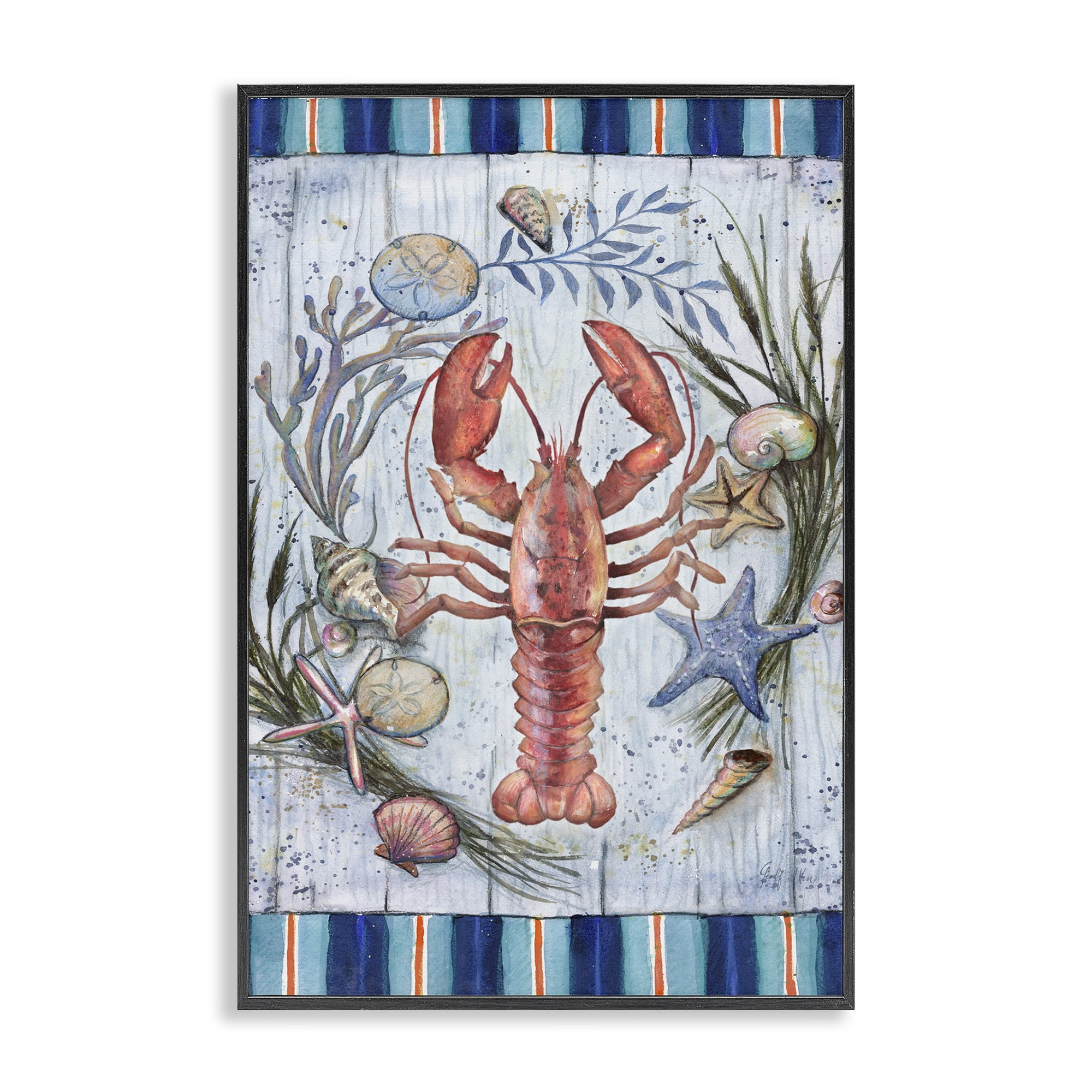 Stupell Industries Coastal Wreath & Lobster Nautical & Beach Painting Black Framed Art Print Wall Art, 20 x 30