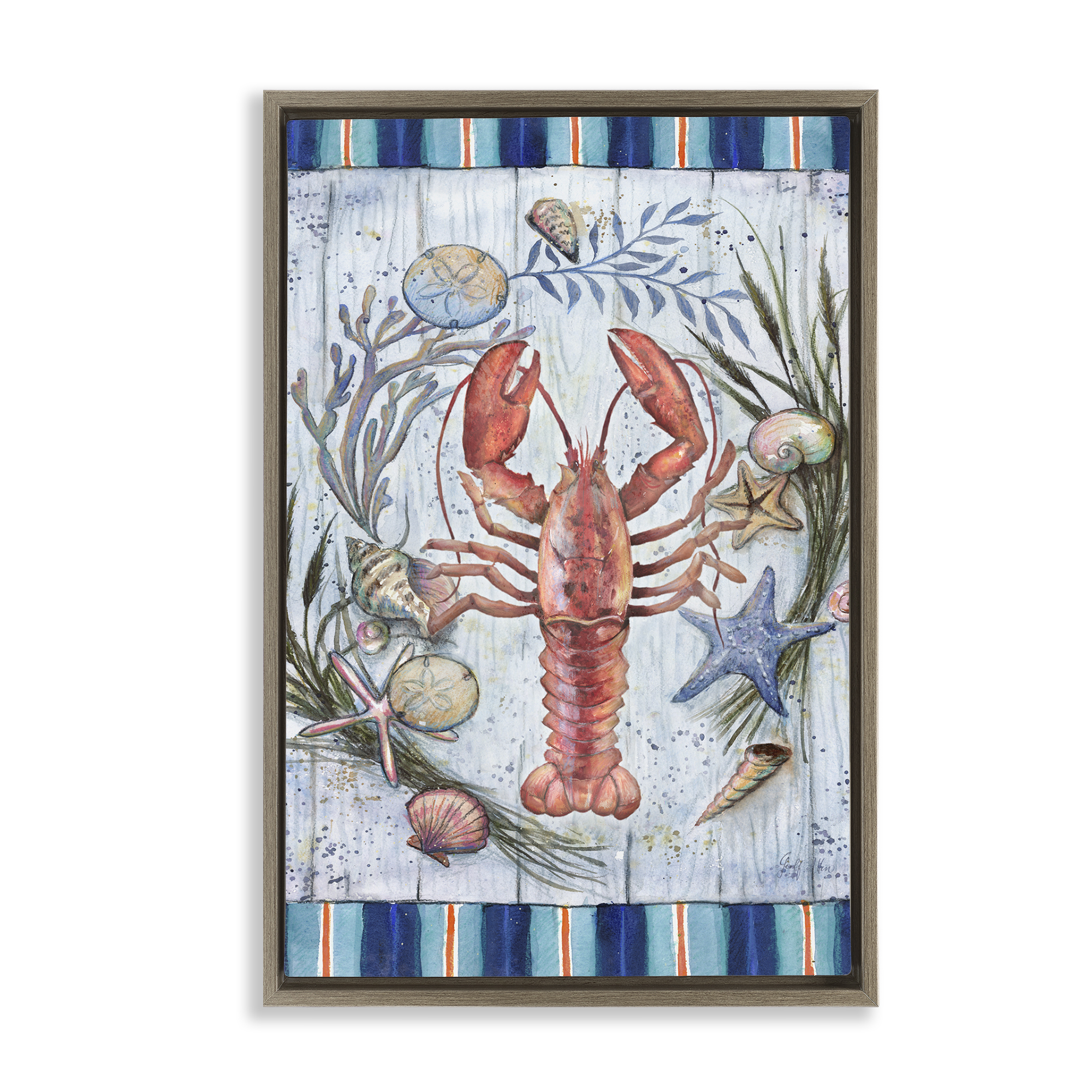 Stupell Industries Coastal Wreath & Lobster Nautical & Beach Painting Brown Floater Framed Canvas Art Print Wall Art, 17 x 25