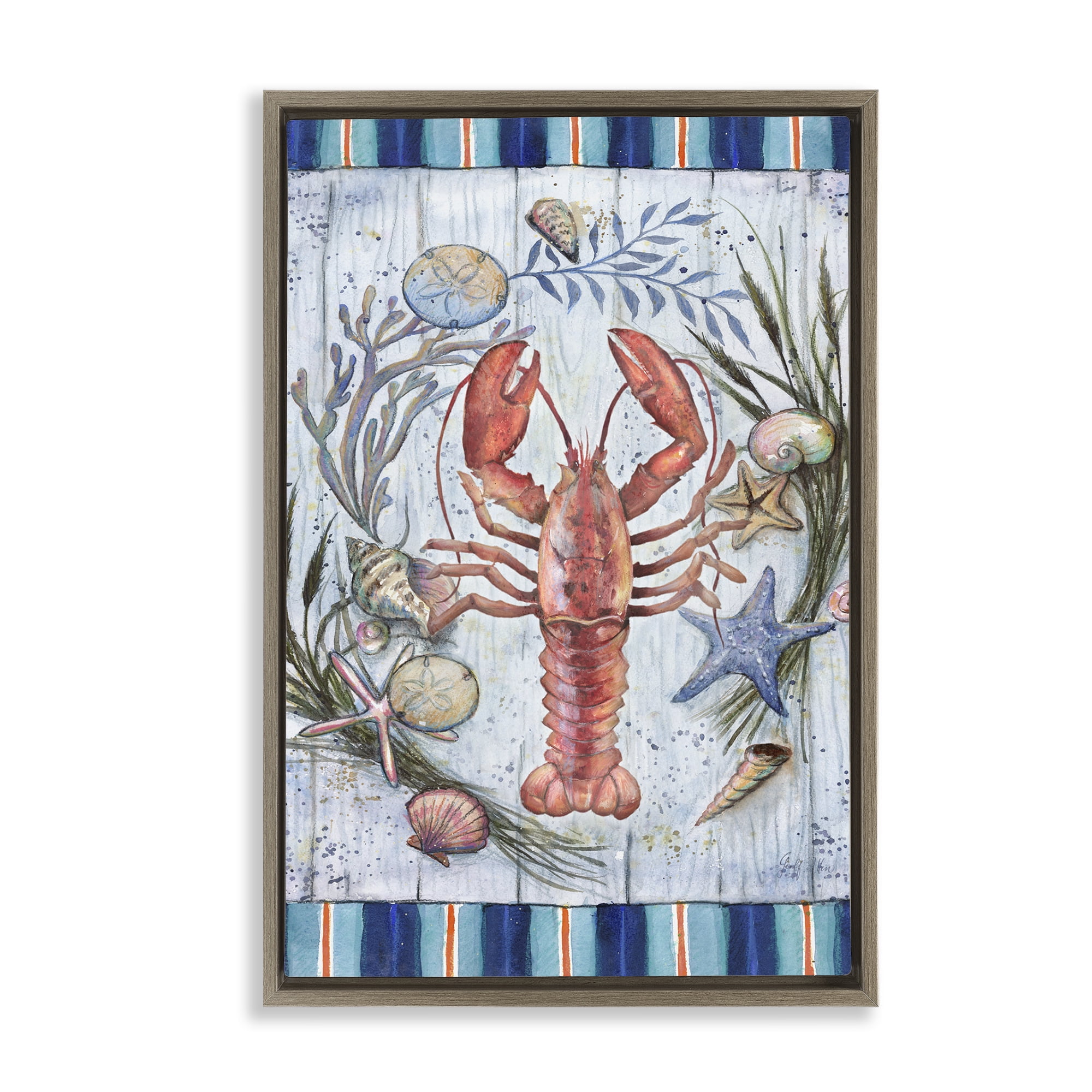 Stupell Industries Coastal Wreath & Lobster Nautical & Beach Painting Brown Floater Framed Canvas Art Print Wall Art, 21 x 31