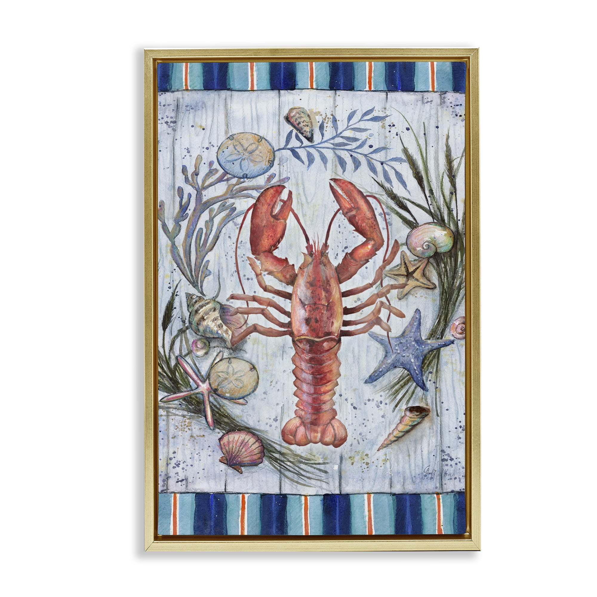 Stupell Industries Coastal Wreath & Lobster Nautical & Beach Painting Gold Floater Framed Canvas Art Print Wall Art, 21 x 31