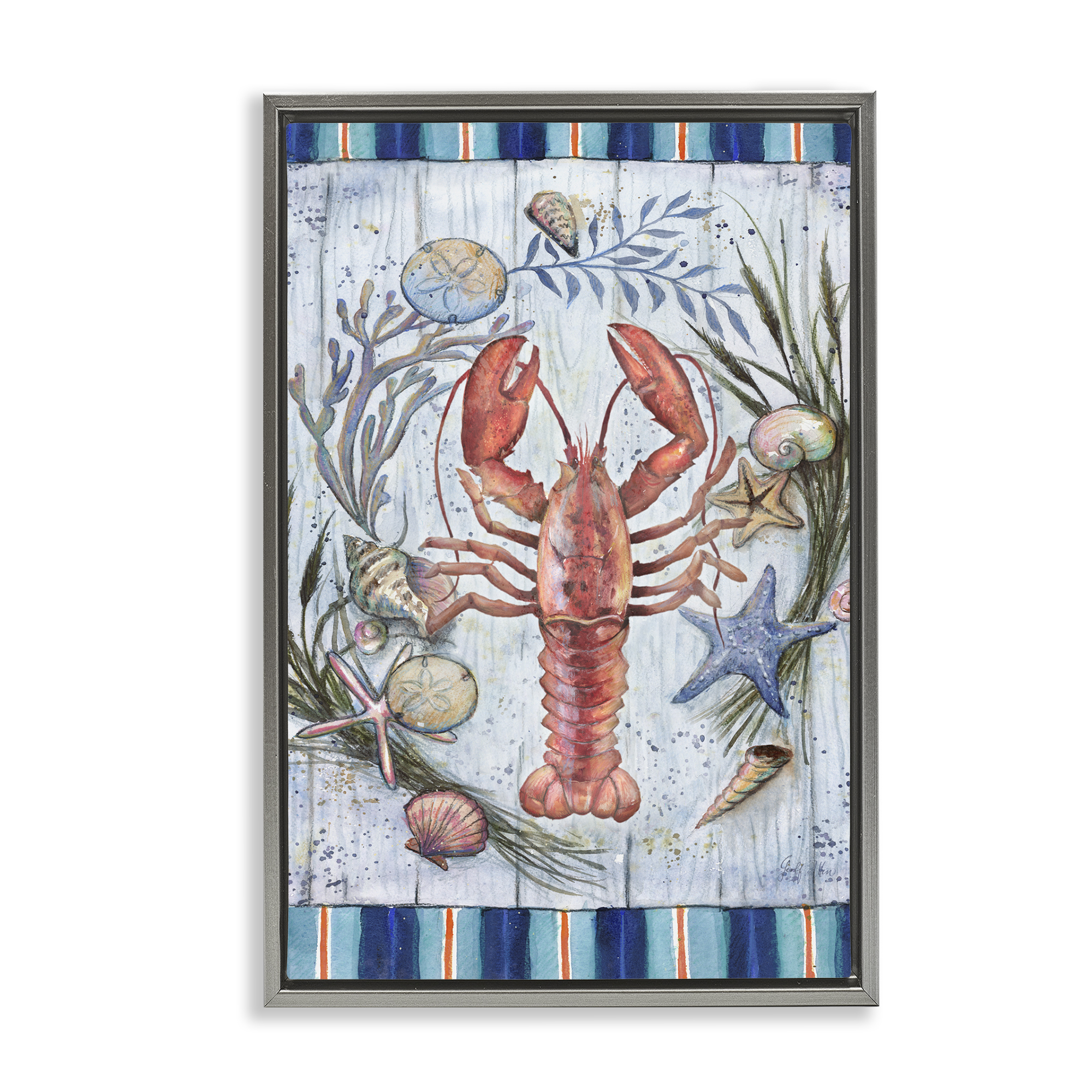 Stupell Industries Coastal Wreath & Lobster Nautical & Beach Painting Gray Floater Framed Canvas Art Print Wall Art, 17 x 25
