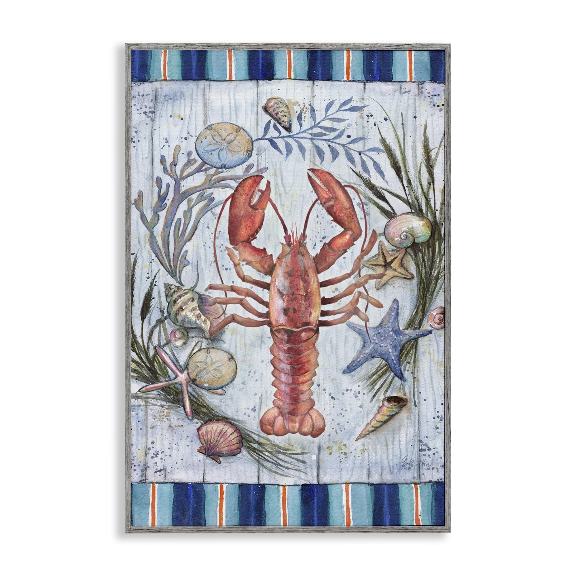Stupell Industries Coastal Wreath & Lobster Nautical & Beach Painting Gray Framed Art Print Wall Art, 12 x 18