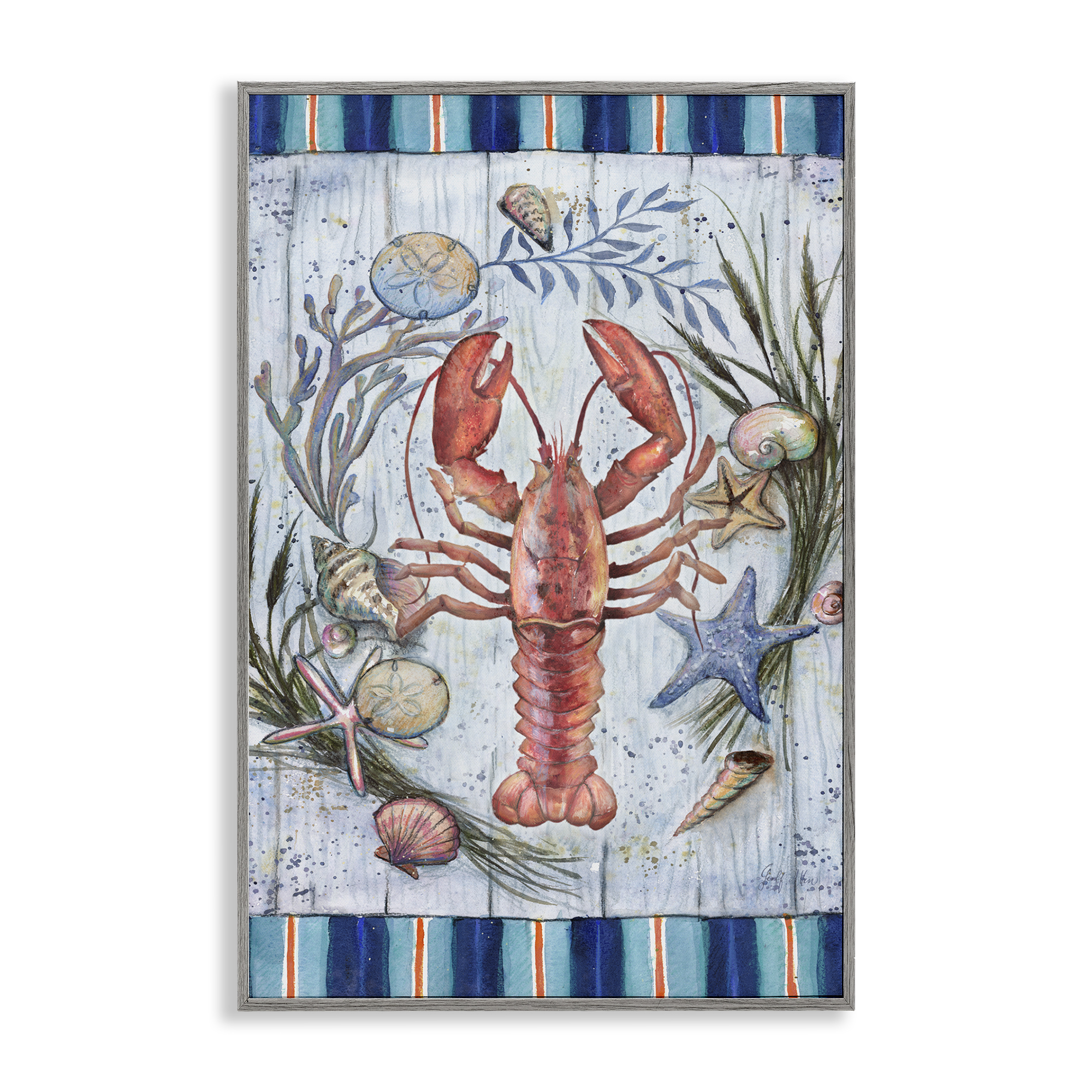 Stupell Industries Coastal Wreath & Lobster Nautical & Beach Painting Gray Framed Art Print Wall Art, 16 x 24