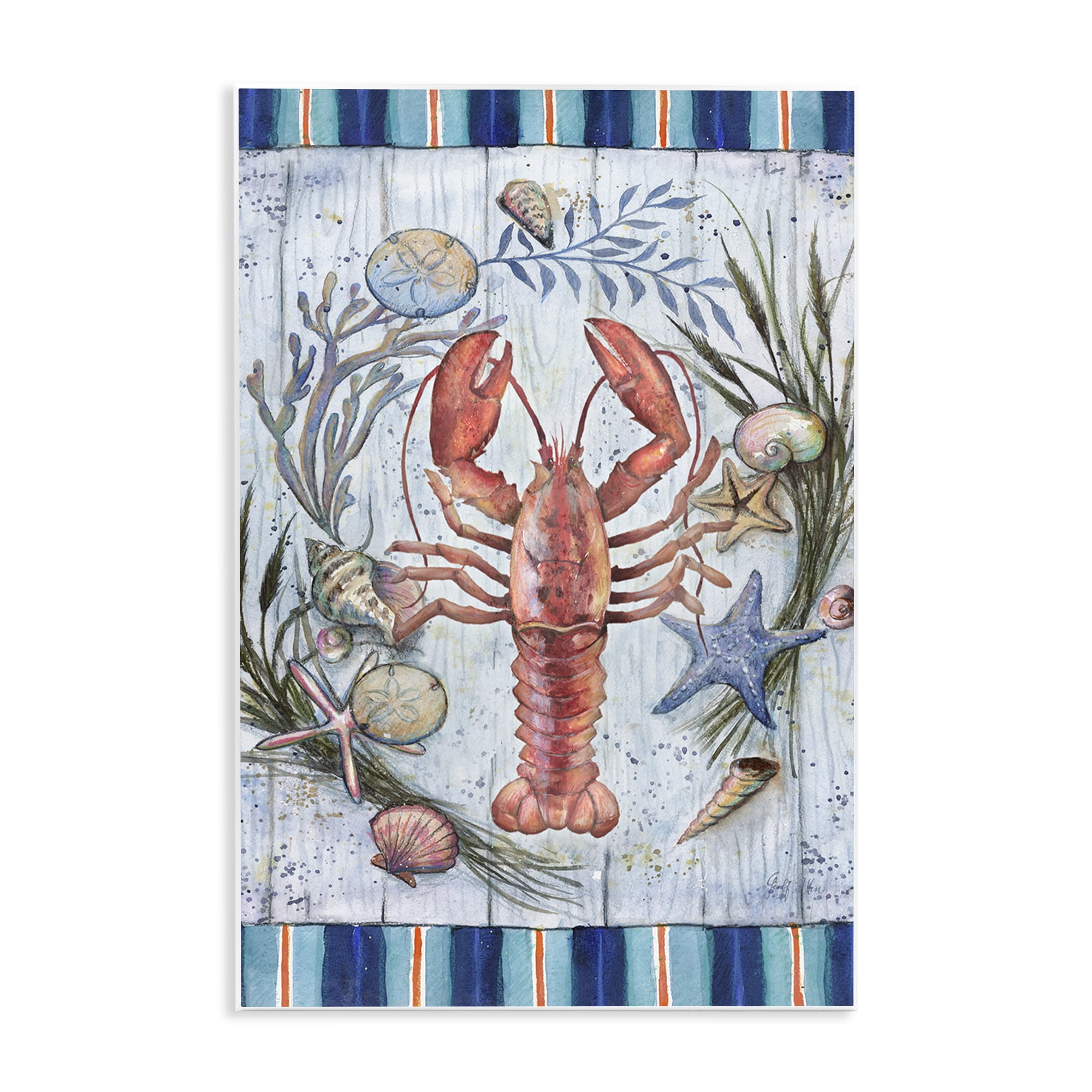 Stupell Industries Coastal Wreath & Lobster Nautical & Beach Painting Unframed Art Print Wall Art, 13 x 19