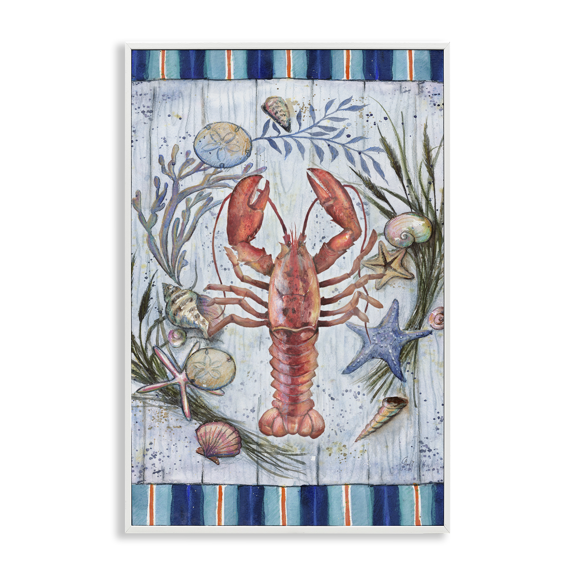 Stupell Industries Coastal Wreath & Lobster Nautical & Beach Painting White Framed Art Print Wall Art, 20 x 30