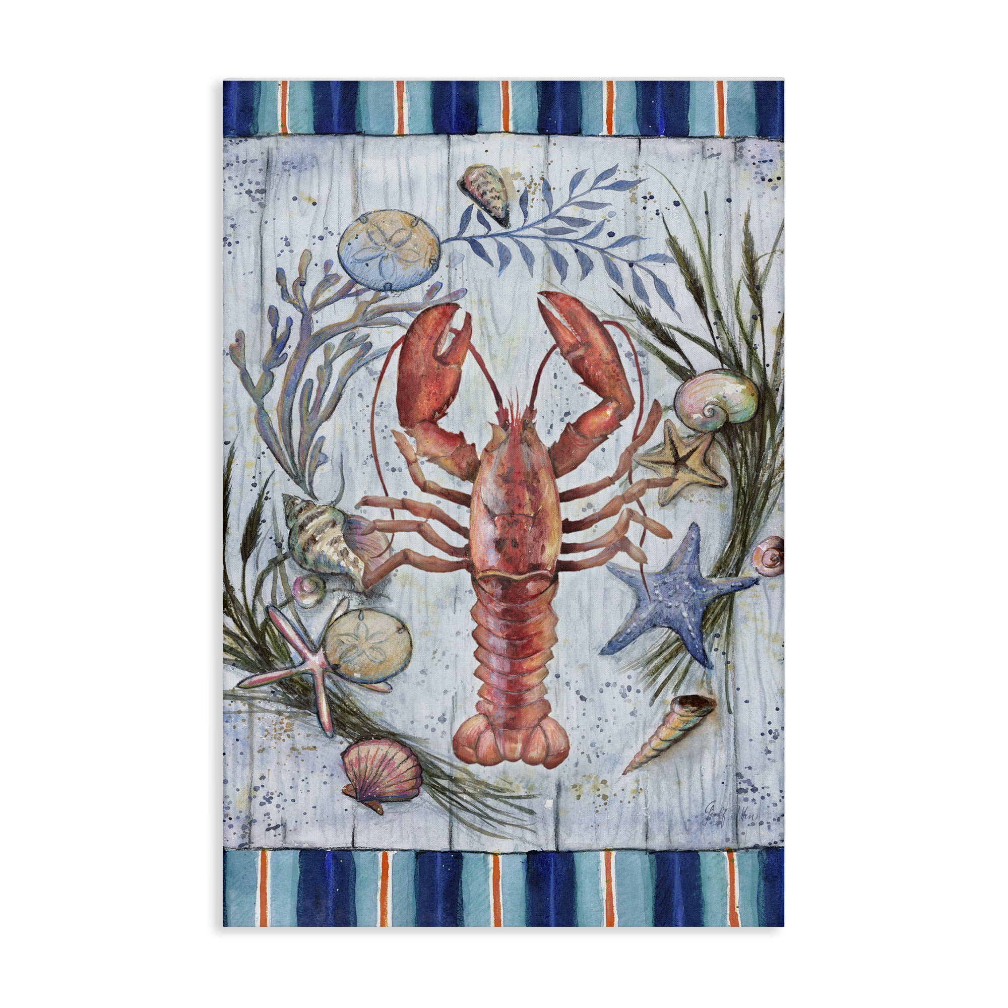 Stupell Industries Coastal Wreath & Lobster Nautical & Beach Painting Wrapped Canvas Art Print Wall Art, 24 x 36