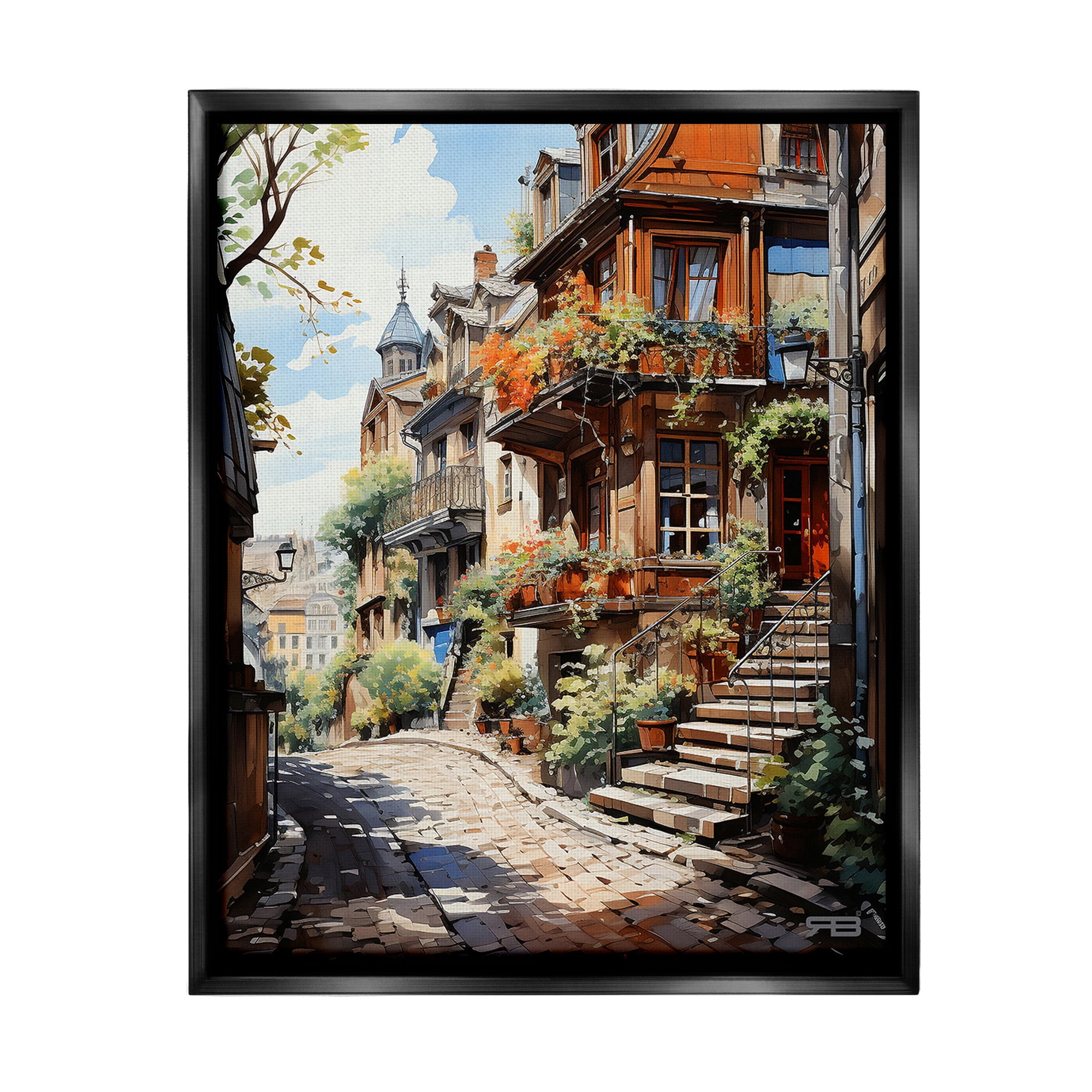 Stupell Industries Cobblestone Walkway in Town Travel & Places Painting Black Floater Framed Canvas Art Print Wall Art, 25 x 31