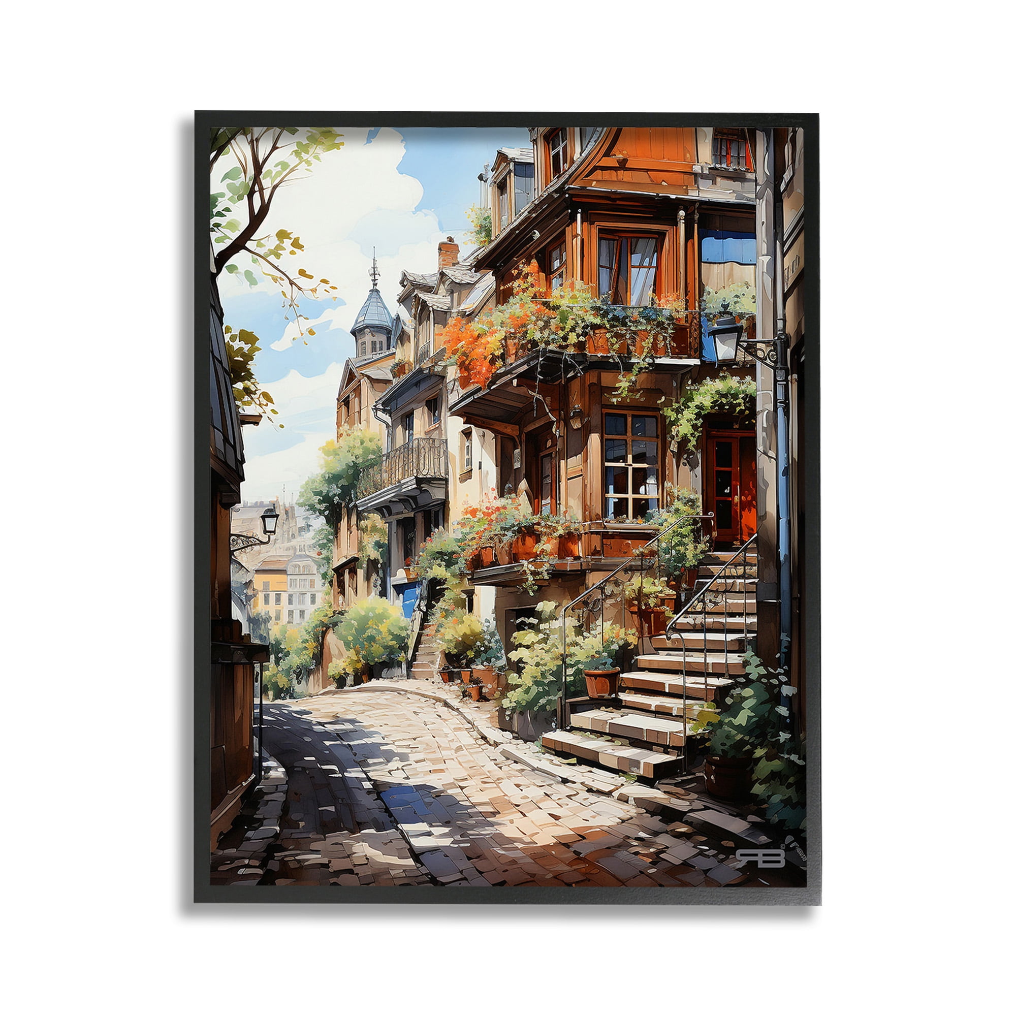 Cobblestone Walkway Townscape Canvas Print with Black Frame
