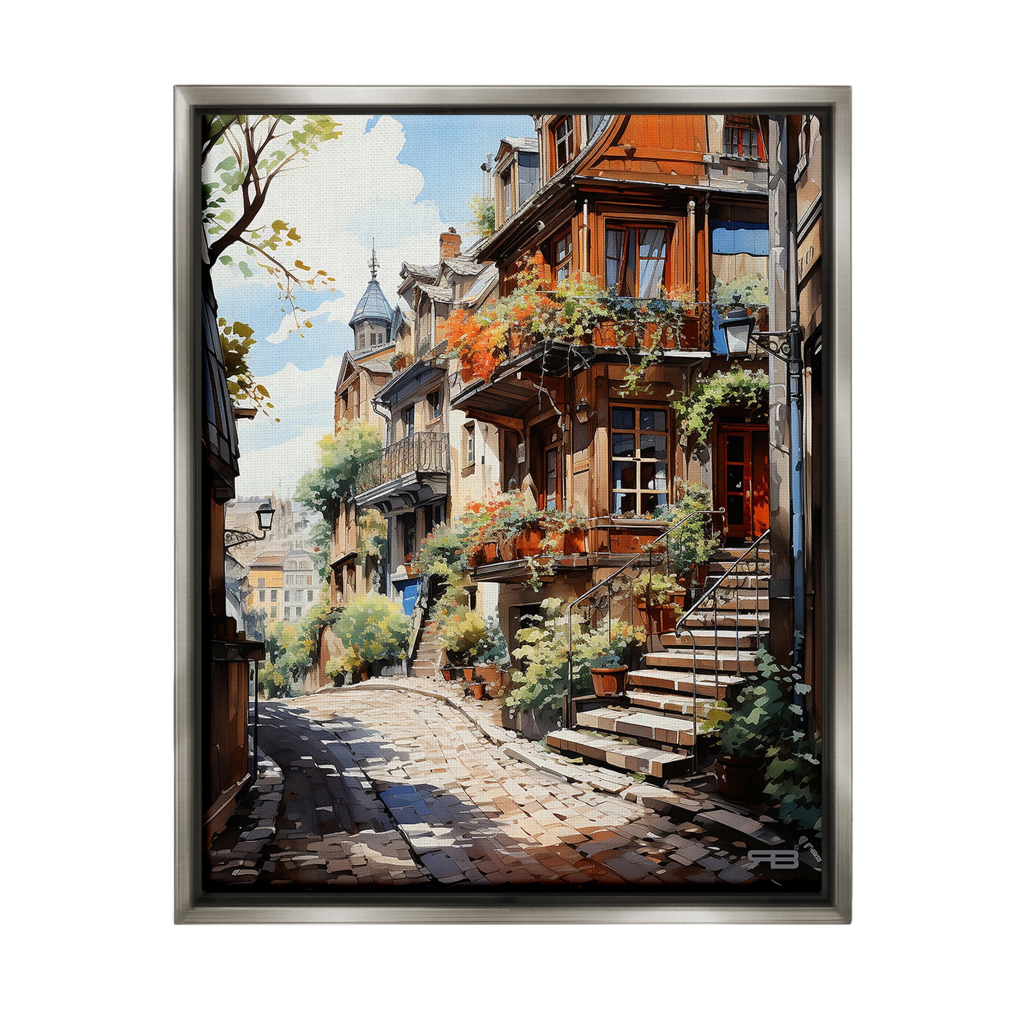 Stupell Industries Cobblestone Walkway in Town Travel & Places Painting Gray Floater Framed Canvas Art Print Wall Art, 25 x 31