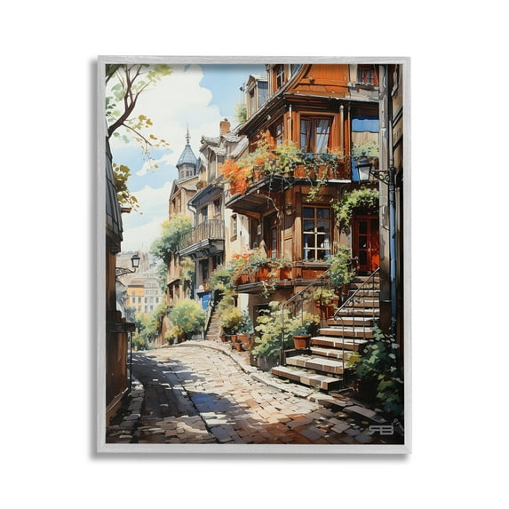 Stupell Industries Cobblestone Walkway in Town Travel & Places Painting Gray Framed Art Print Wall Art, 24 x 30