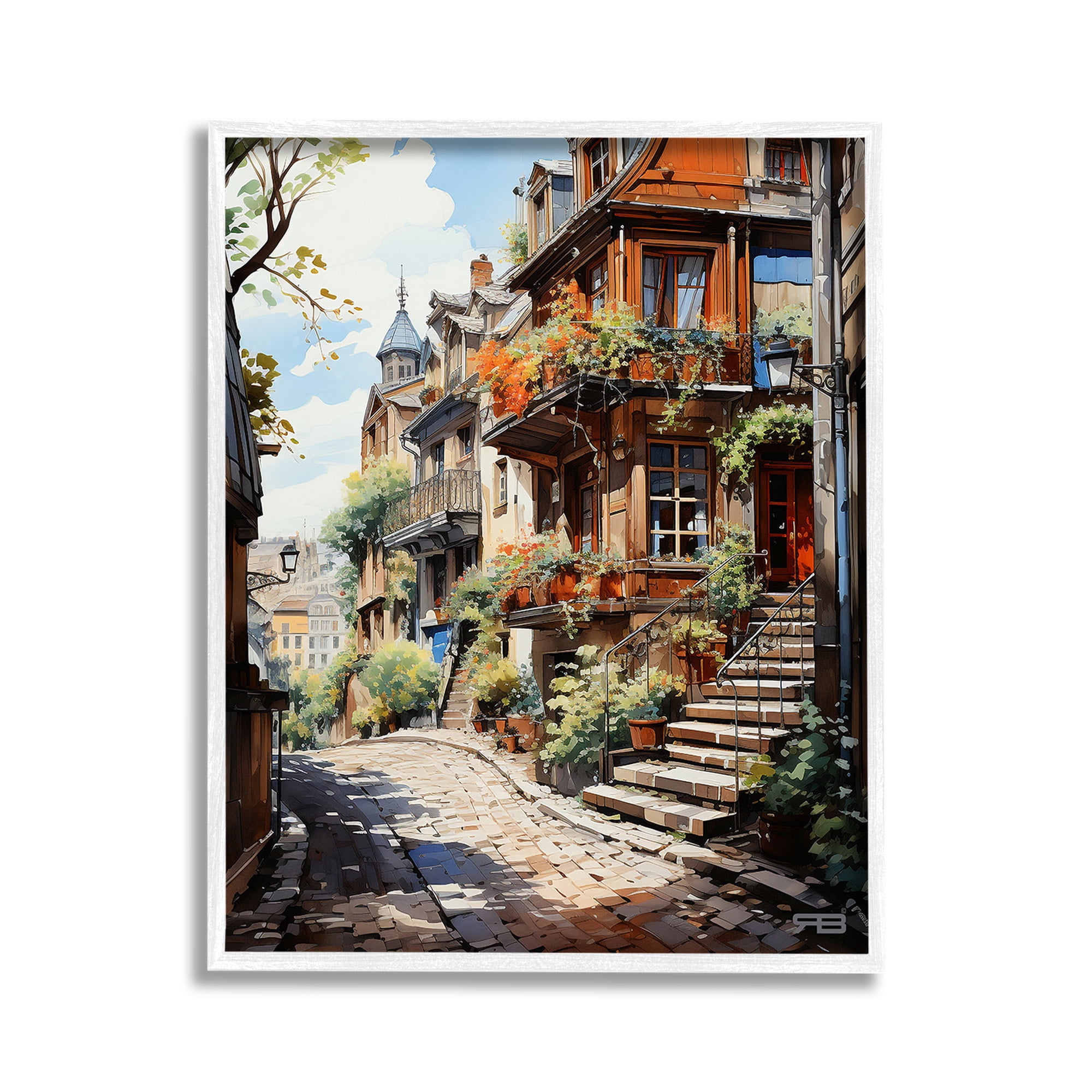 Stupell Industries Cobblestone Walkway in Town Travel & Places Painting White Framed Art Print Wall Art, 11 x 14