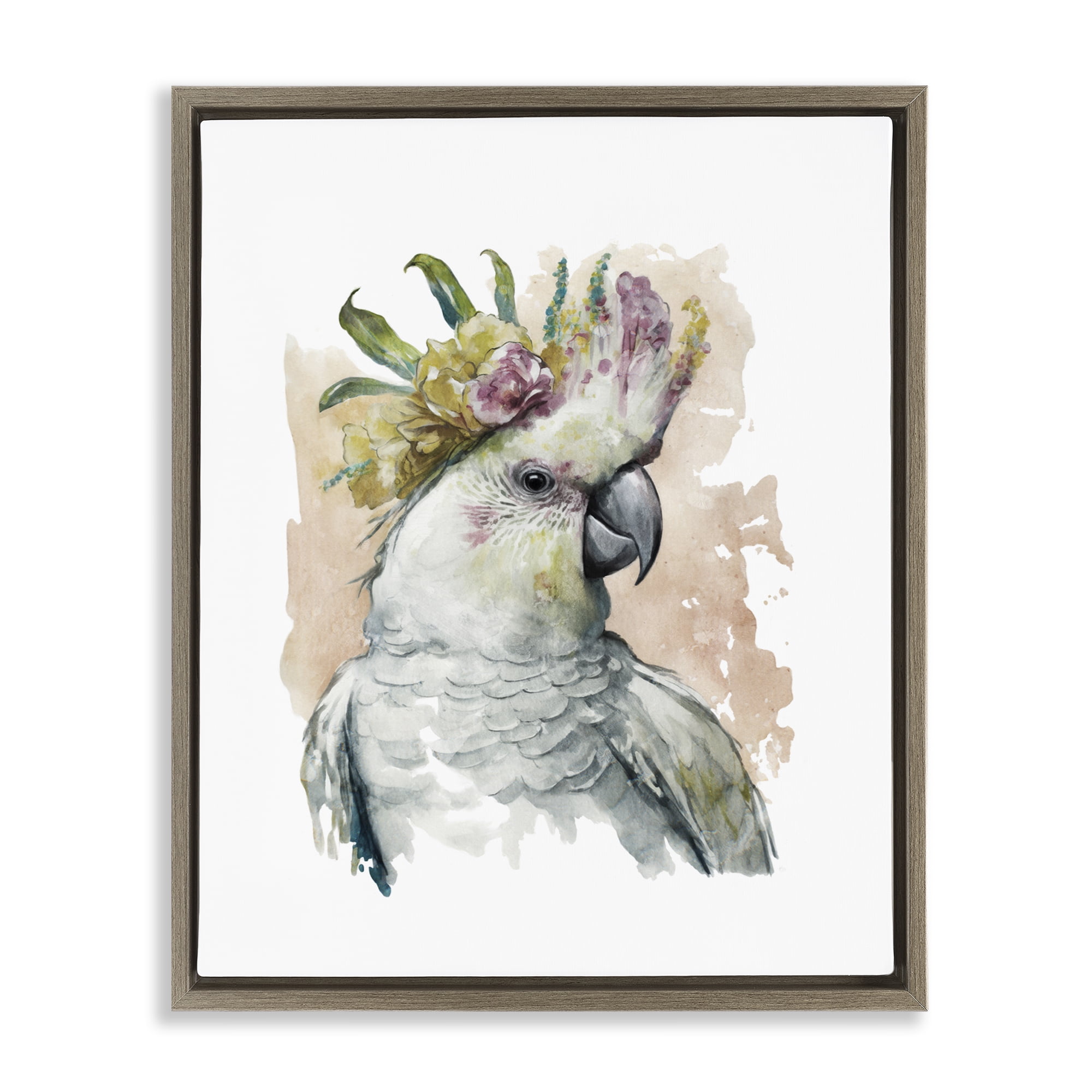 Stupell Industries Cockatiel with Pink Flower Animals Painting Brown Floater Framed Canvas Art Print Wall Art, 17 x 21