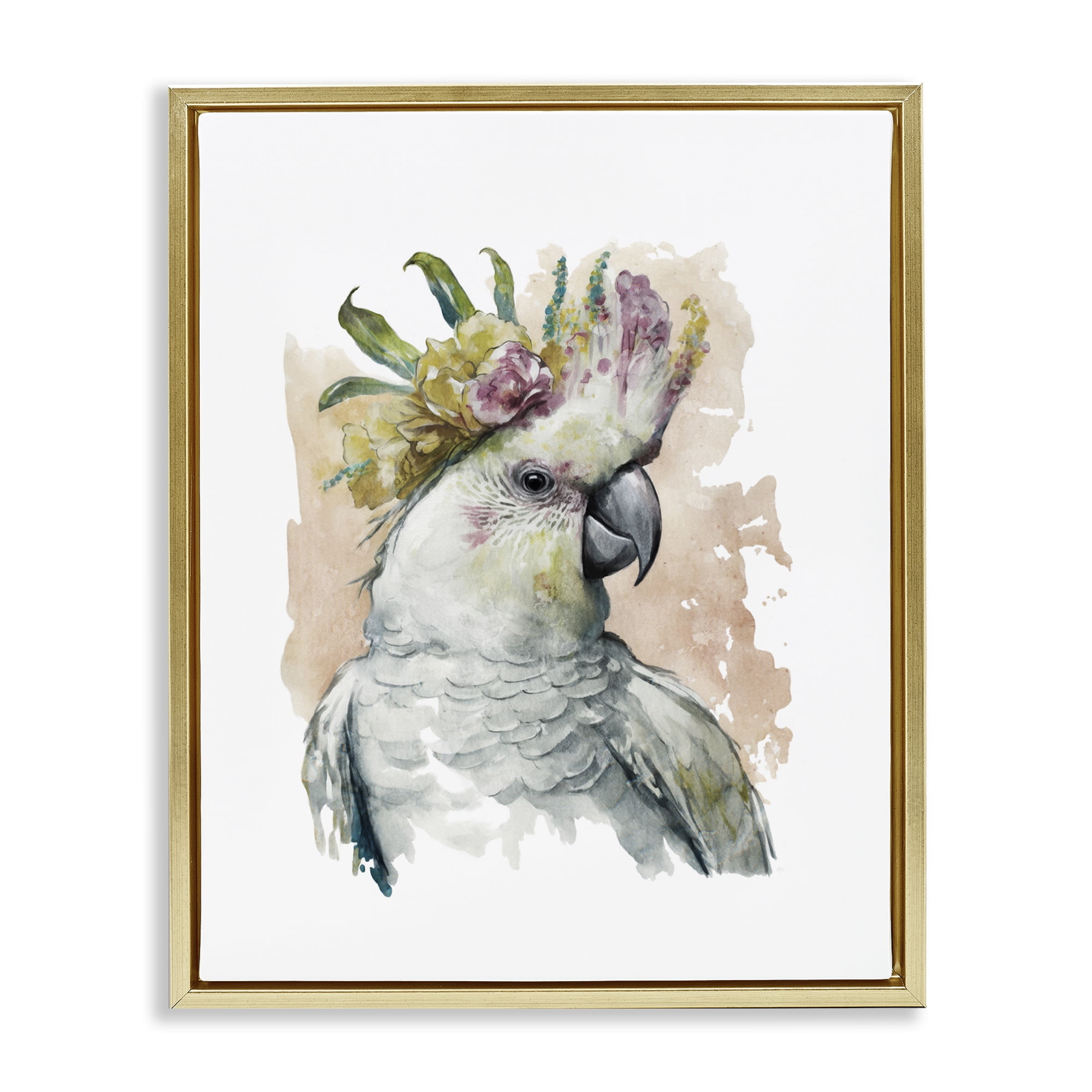 Stupell Industries Cockatiel with Pink Flower Animals Painting Gold Floater Framed Canvas Art Print Wall Art, 25 x 31