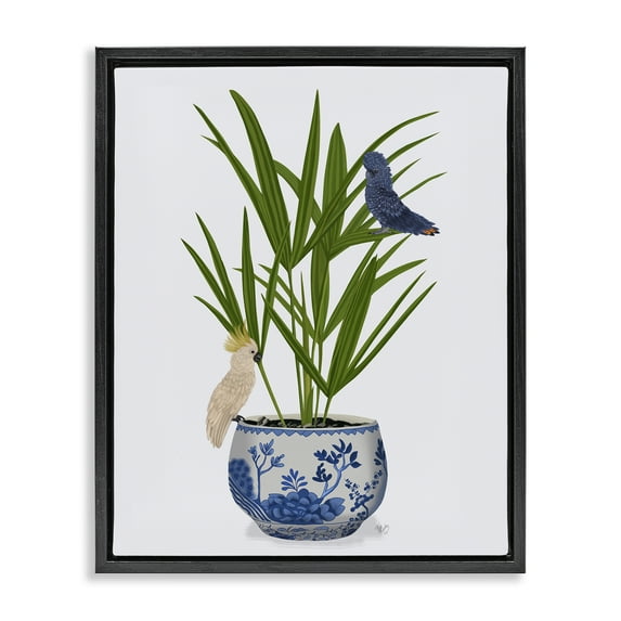 Stupell Industries Cockatiels on Planter Botanical & Floral Painting Black Floater Framed Canvas Art Print Wall Art, 25 x 31