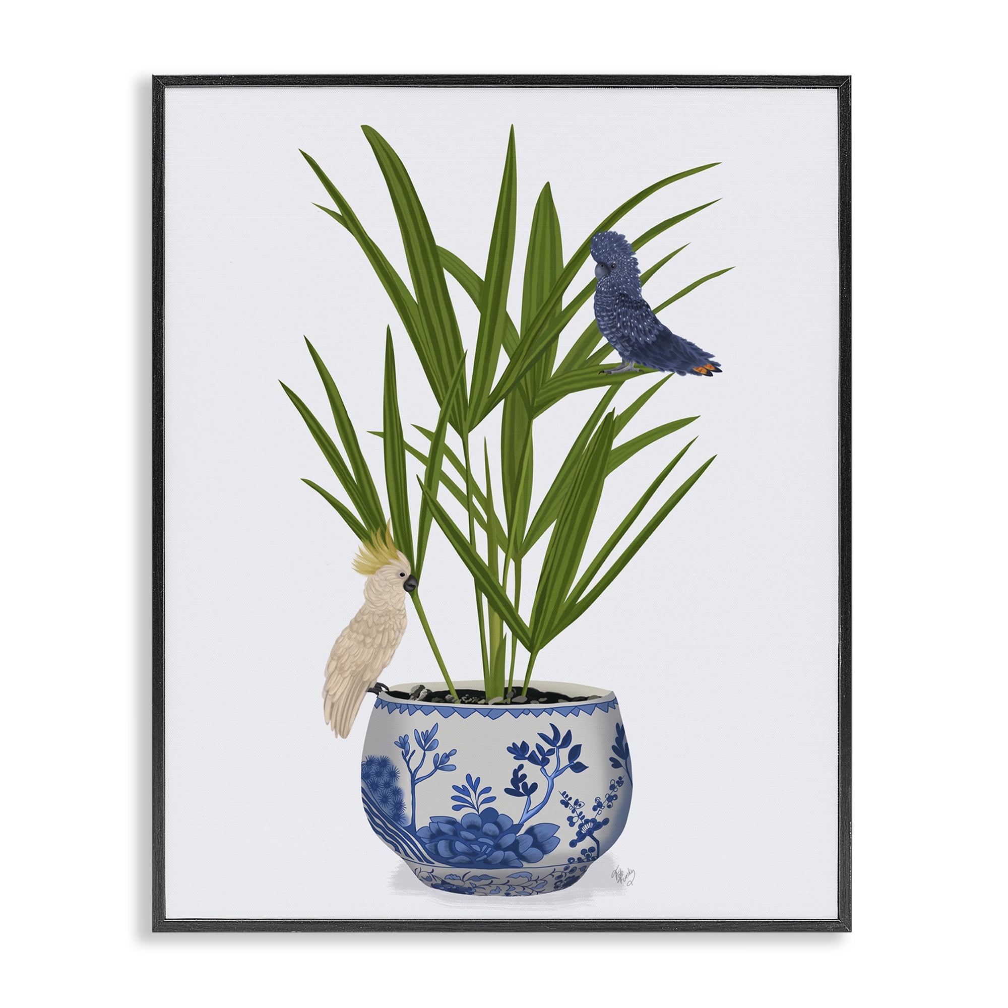 Stupell Industries Cockatiels on Planter Botanical & Floral Painting Black Framed Art Print Wall Art, 11 x 14
