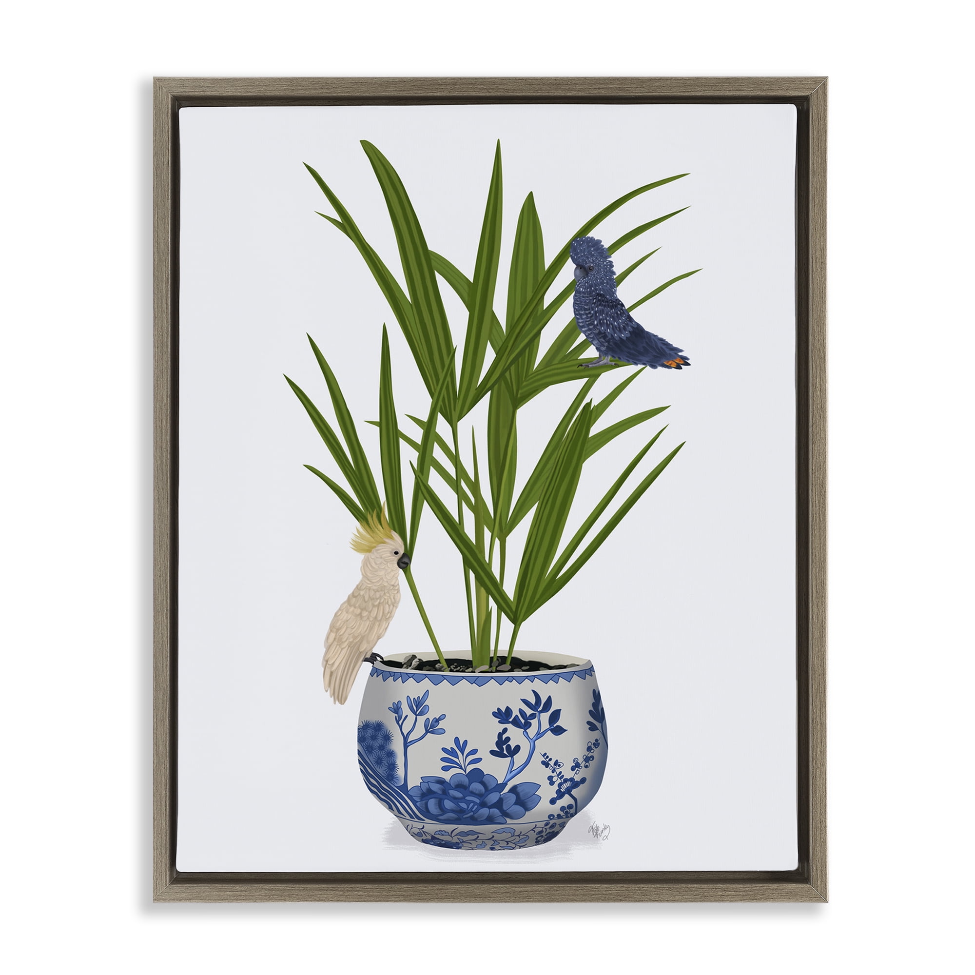 Stupell Industries Cockatiels on Planter Botanical & Floral Painting Brown Floater Framed Canvas Art Print Wall Art, 17 x 21