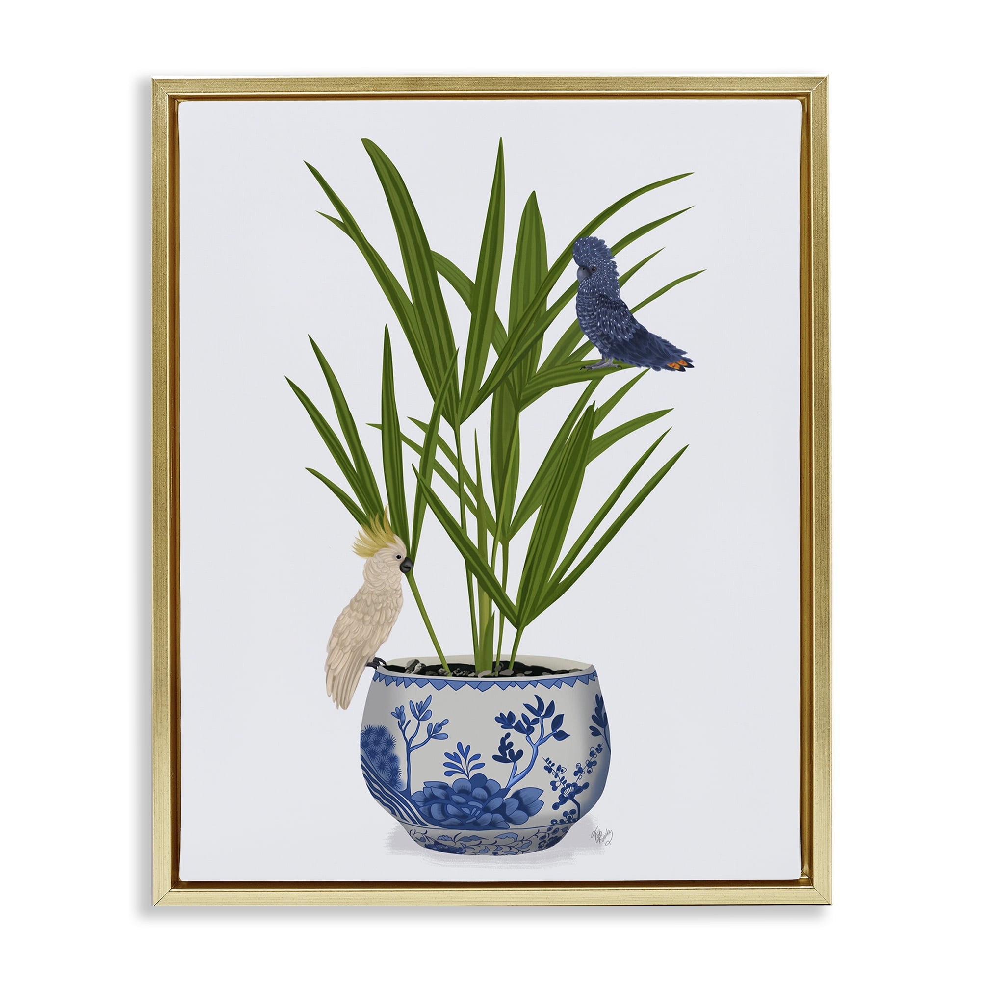 Stupell Industries Cockatiels on Planter Botanical & Floral Painting Gold Floater Framed Canvas Art Print Wall Art, 17 x 21