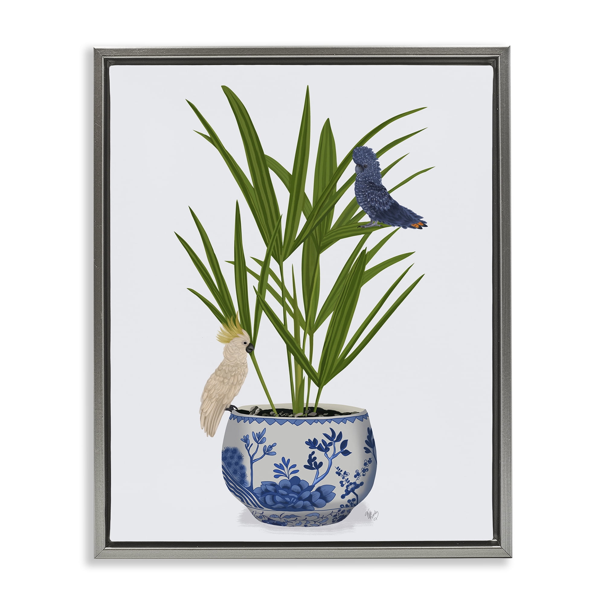 Stupell Industries Cockatiels on Planter Botanical & Floral Painting Gray Floater Framed Canvas Art Print Wall Art, 25 x 31