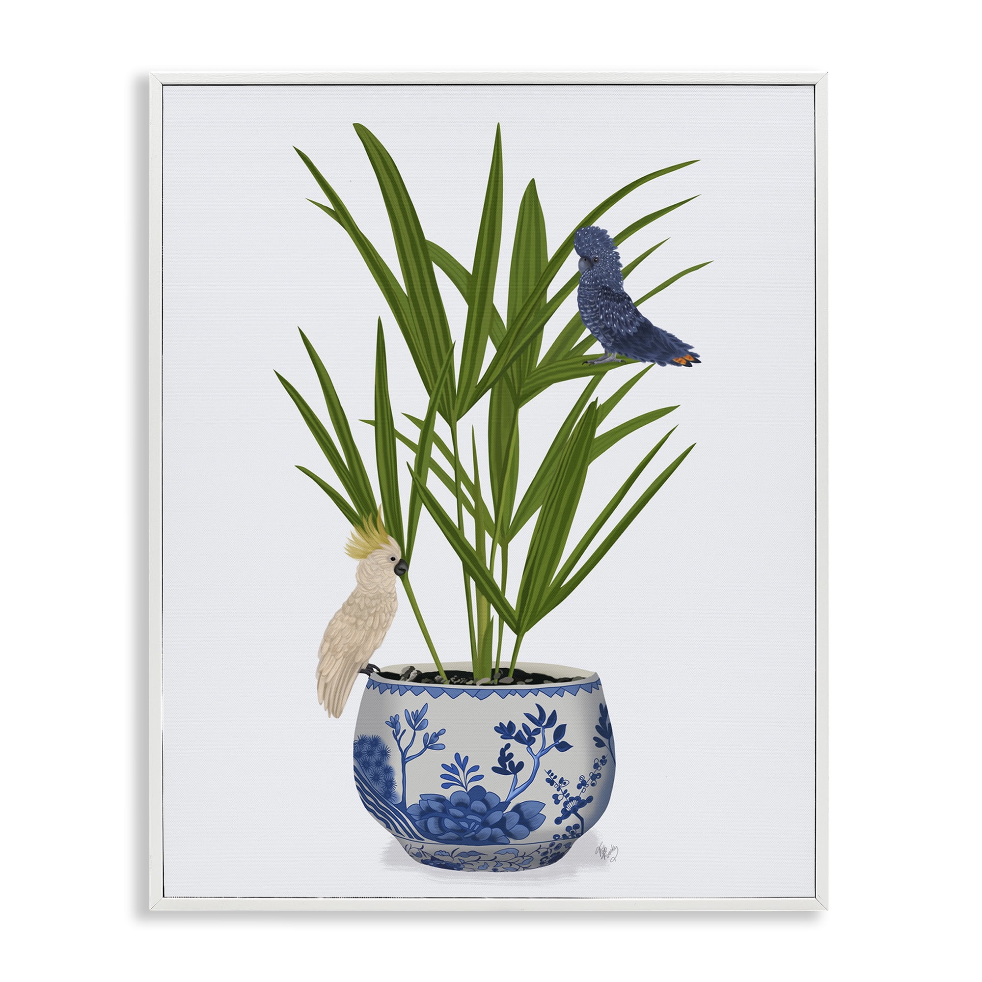 Stupell Industries Cockatiels on Planter Botanical & Floral Painting White Framed Art Print Wall Art, 16 x 20