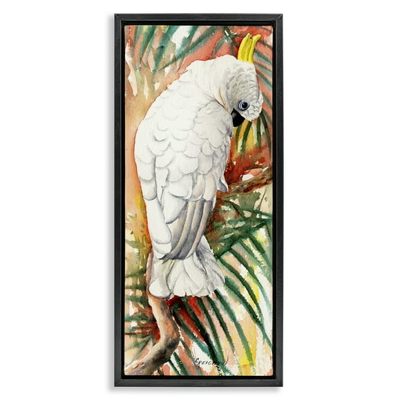 Stupell Industries Cockatoo Among Leaves Animals & Insects Painting Black Floater Framed Canvas Art Print Wall Art, 11 x 25