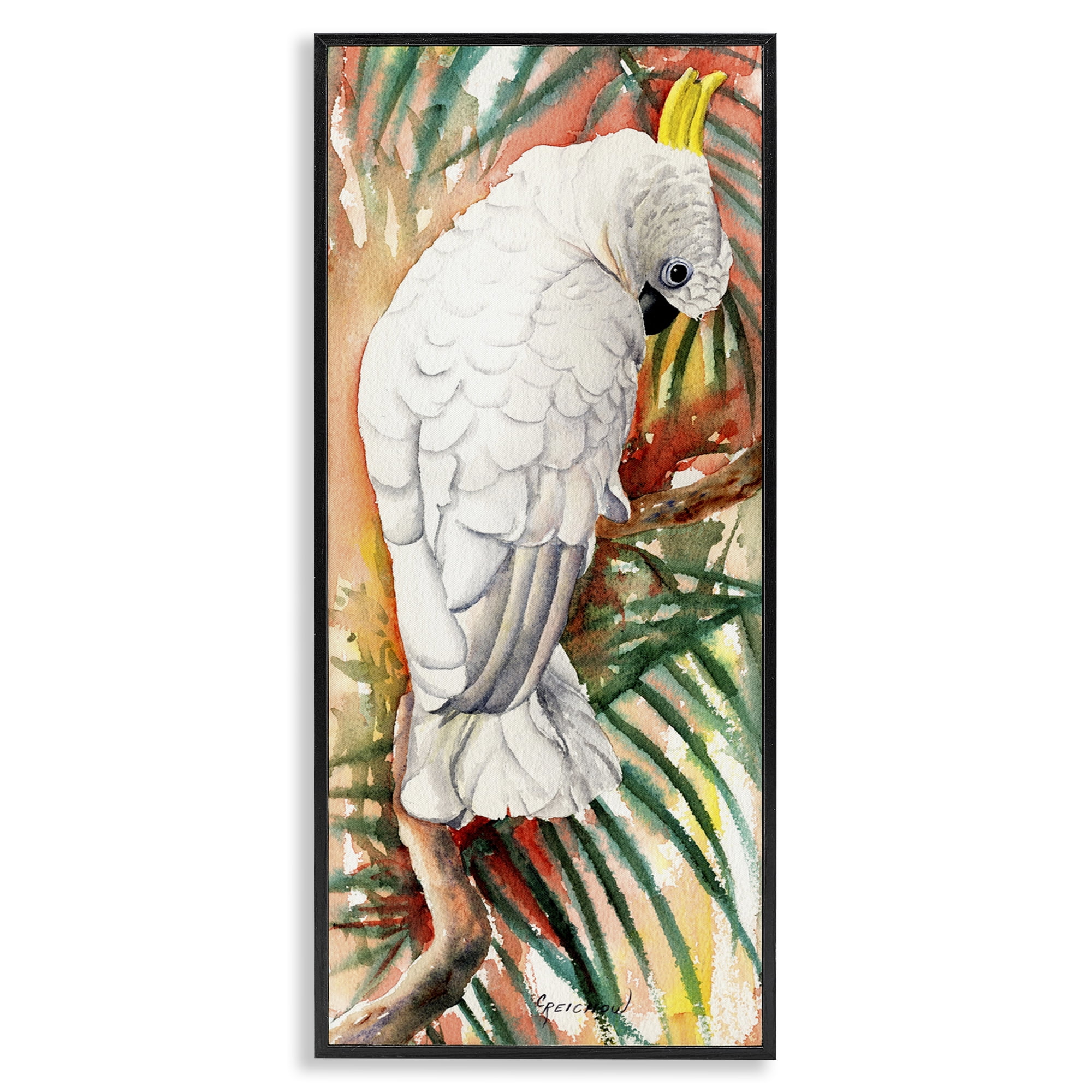 Black Framed Cockatoo Among Leaves 13 x 30 Wood Grain Art Print