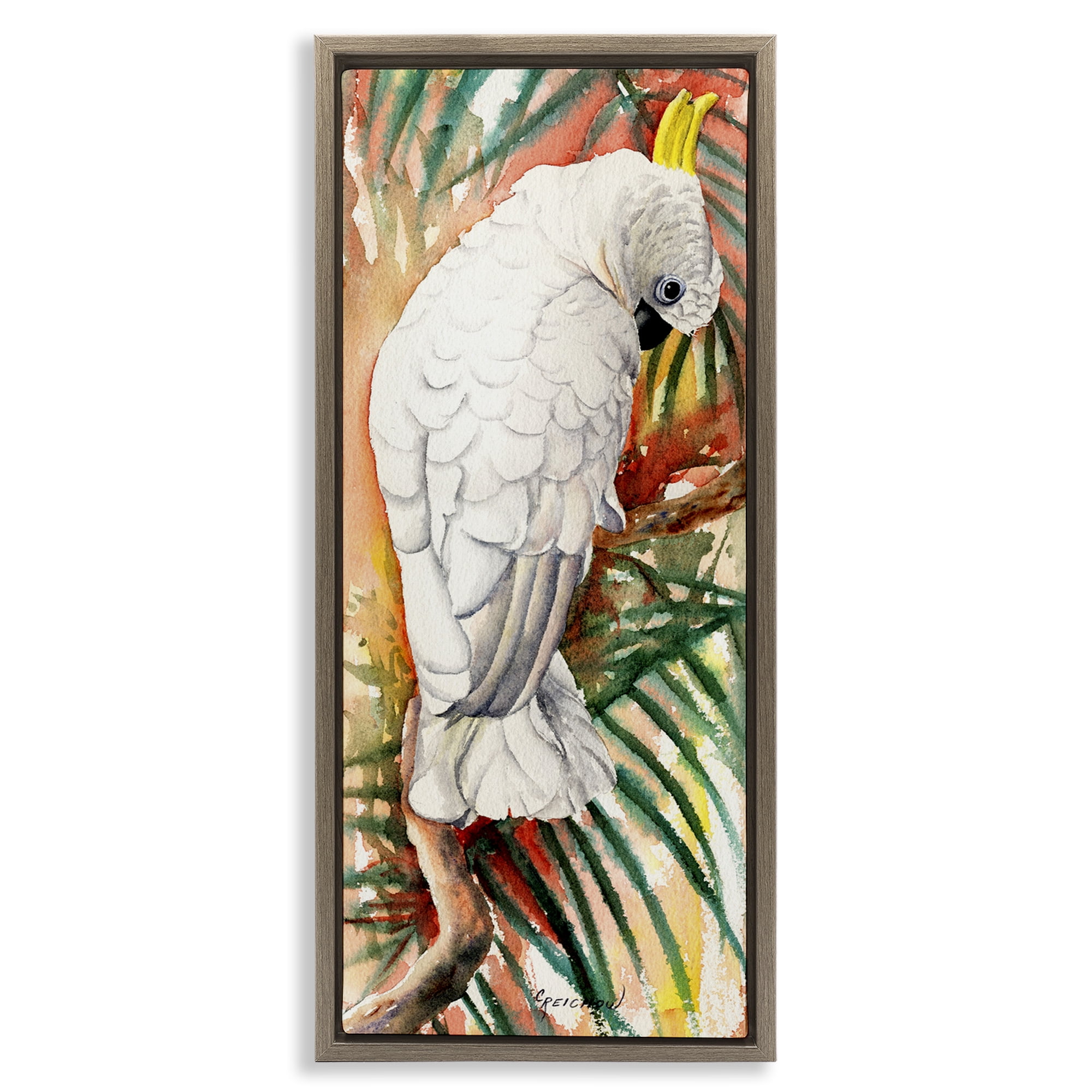 Stupell Industries Cockatoo Among Leaves Animals & Insects Painting Brown Floater Framed Canvas Art Print Wall Art, 11 x 25