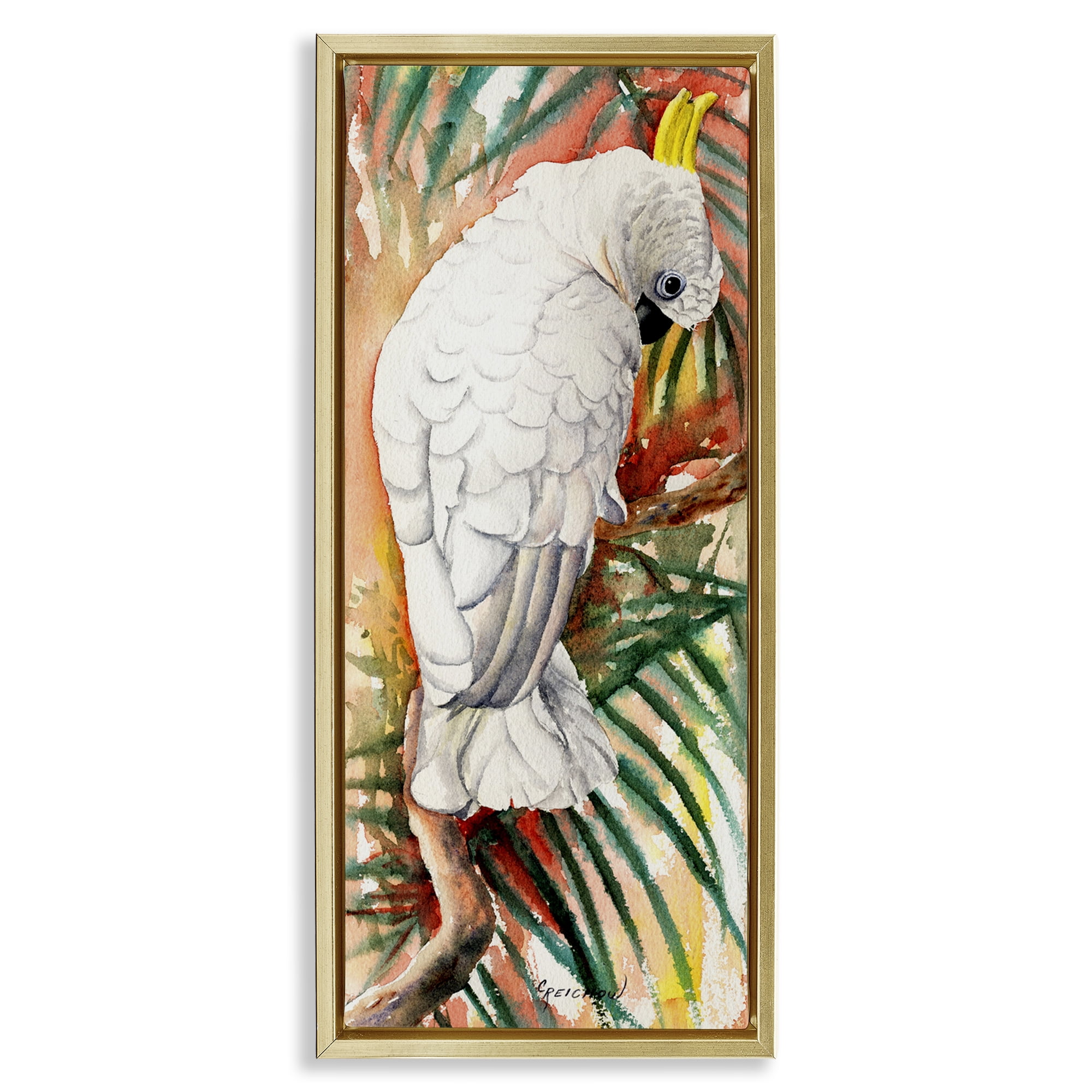 Stupell Industries Cockatoo Among Leaves Animals & Insects Painting Gold Floater Framed Canvas Art Print Wall Art, 15 x 31