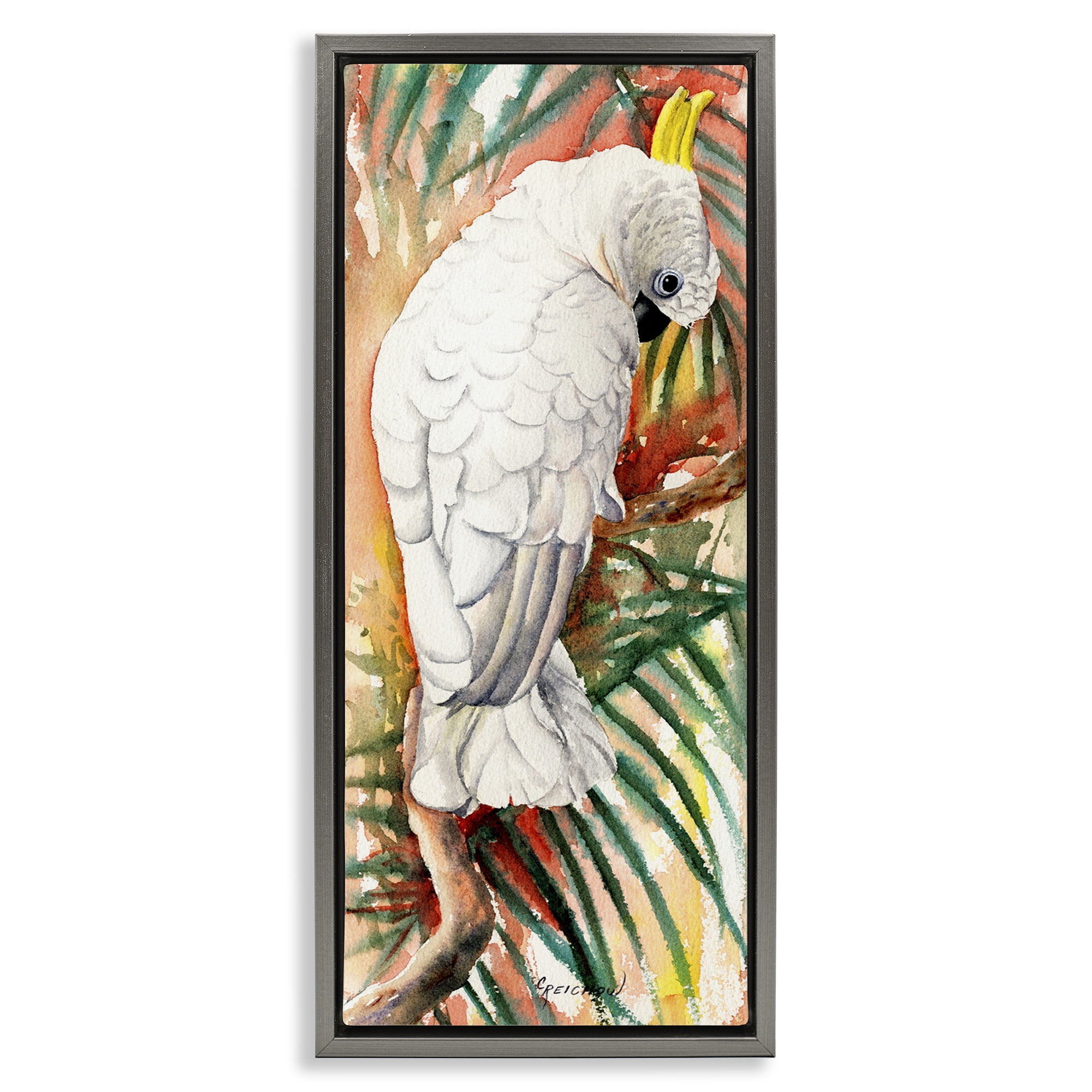 Stupell Industries Cockatoo Among Leaves Animals & Insects Painting Gray Floater Framed Canvas Art Print Wall Art, 11 x 25