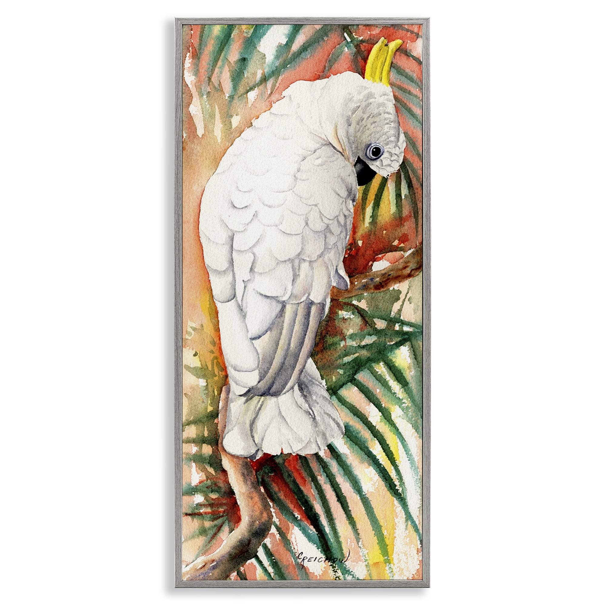 Stupell Industries Cockatoo Among Leaves Animals & Insects Painting Gray Framed Art Print Wall Art, 13 x 30