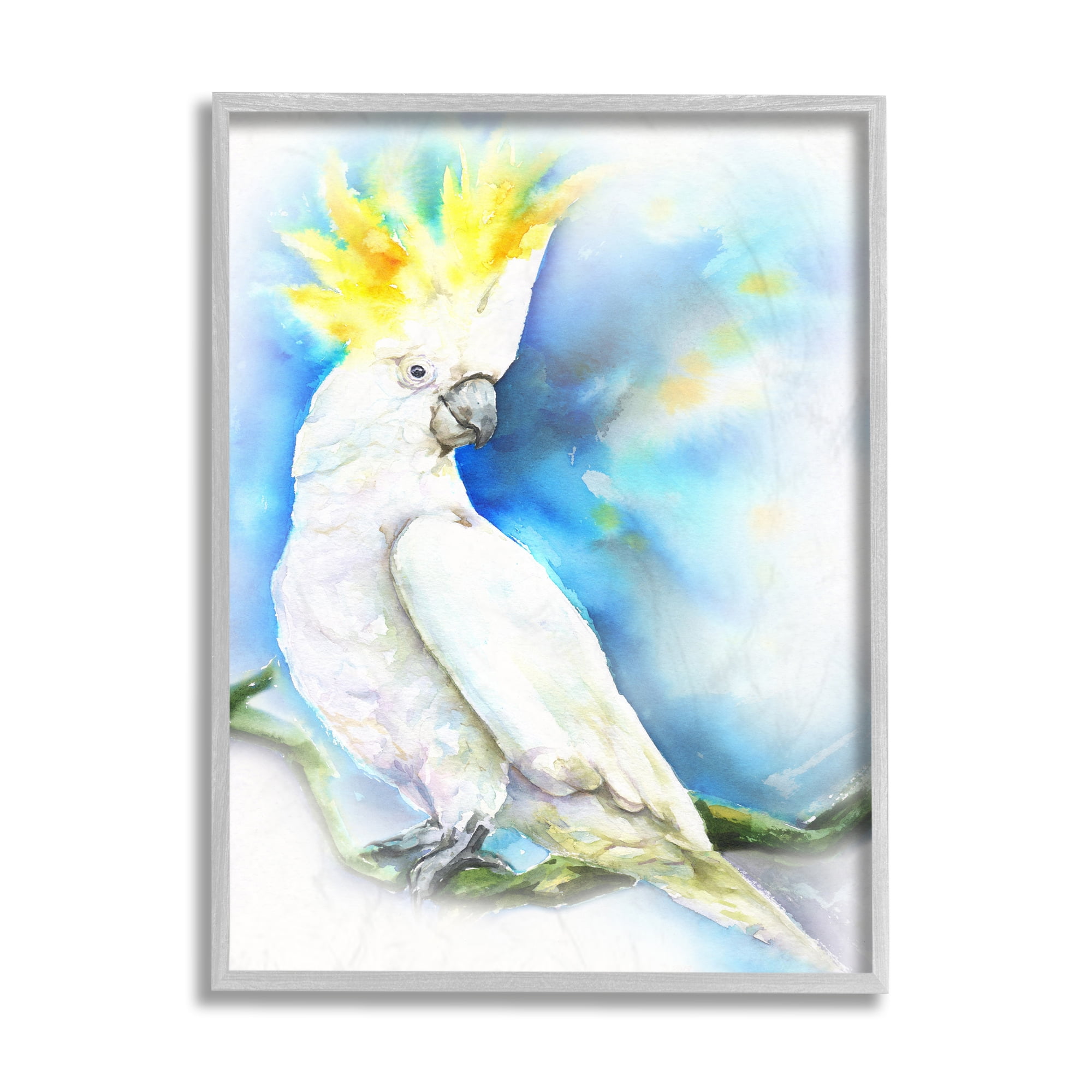 Stupell Industries Cockatoo Bird on Branch Over Vibrant Blue Grey Framed, 16 x 20, Design by George Dyachenko
