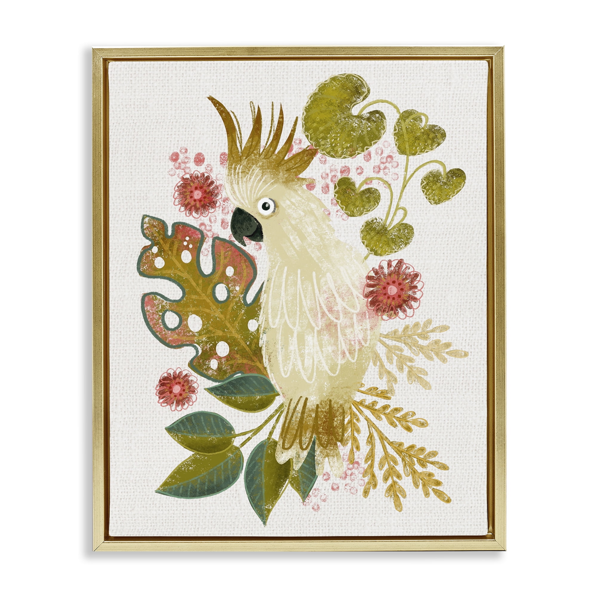 Stupell Industries Cockatoo & Tropical Leaves Animals & Insects Painting Gold Floater Framed Canvas Art Print Wall Art, 17 x 21