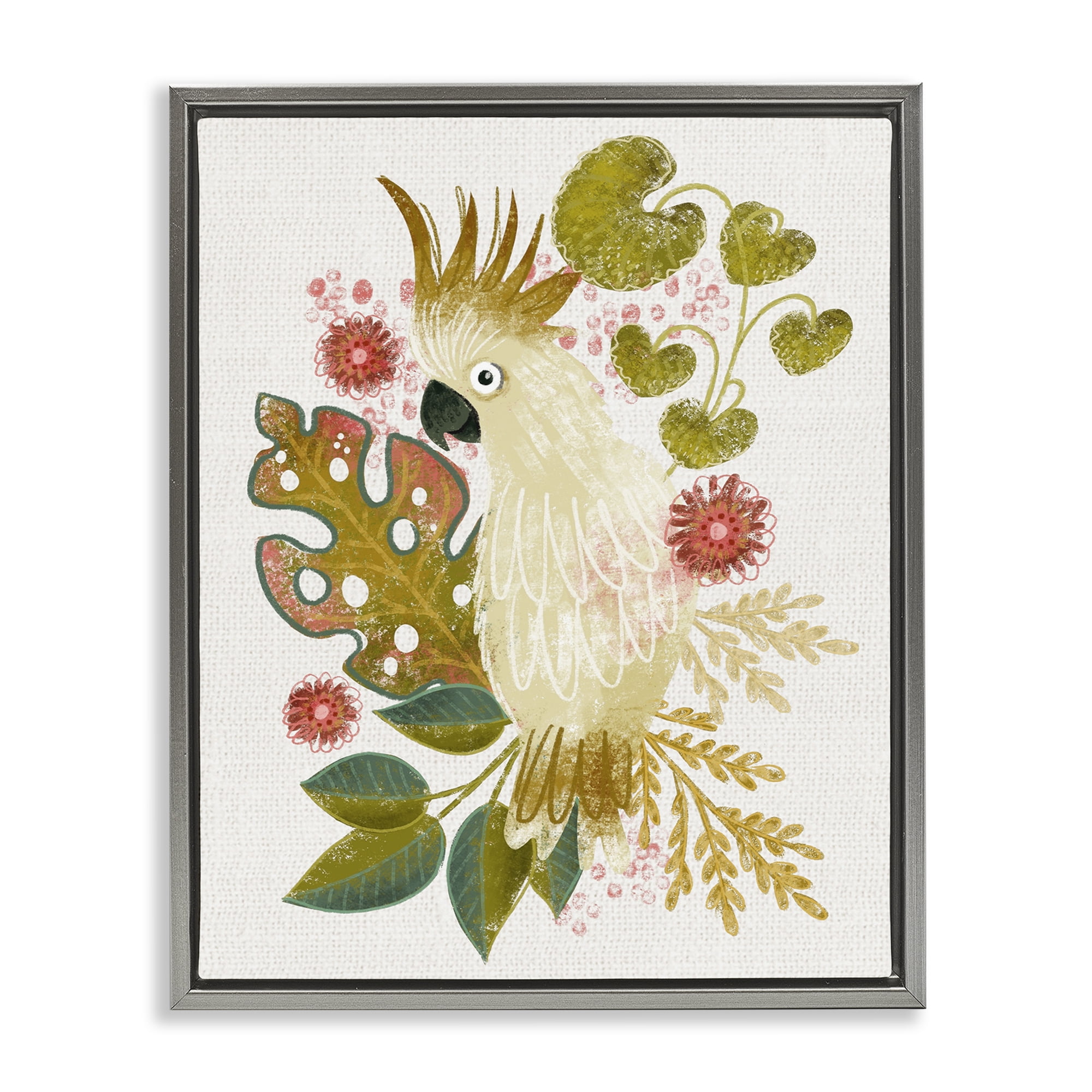 Stupell Industries Cockatoo & Tropical Leaves Animals & Insects Painting Gray Floater Framed Canvas Art Print Wall Art, 25 x 31