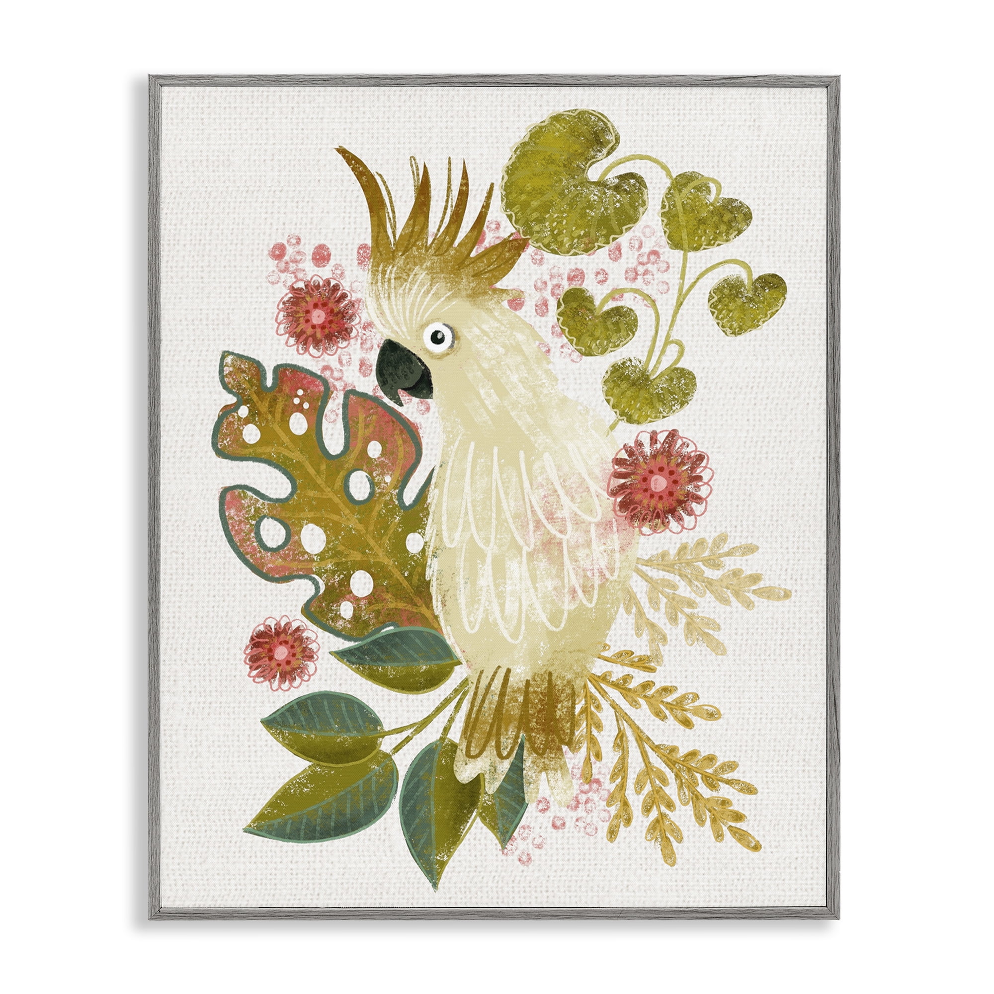 Stupell Industries Cockatoo & Tropical Leaves Animals & Insects Painting Gray Framed Art Print Wall Art, 16 x 20