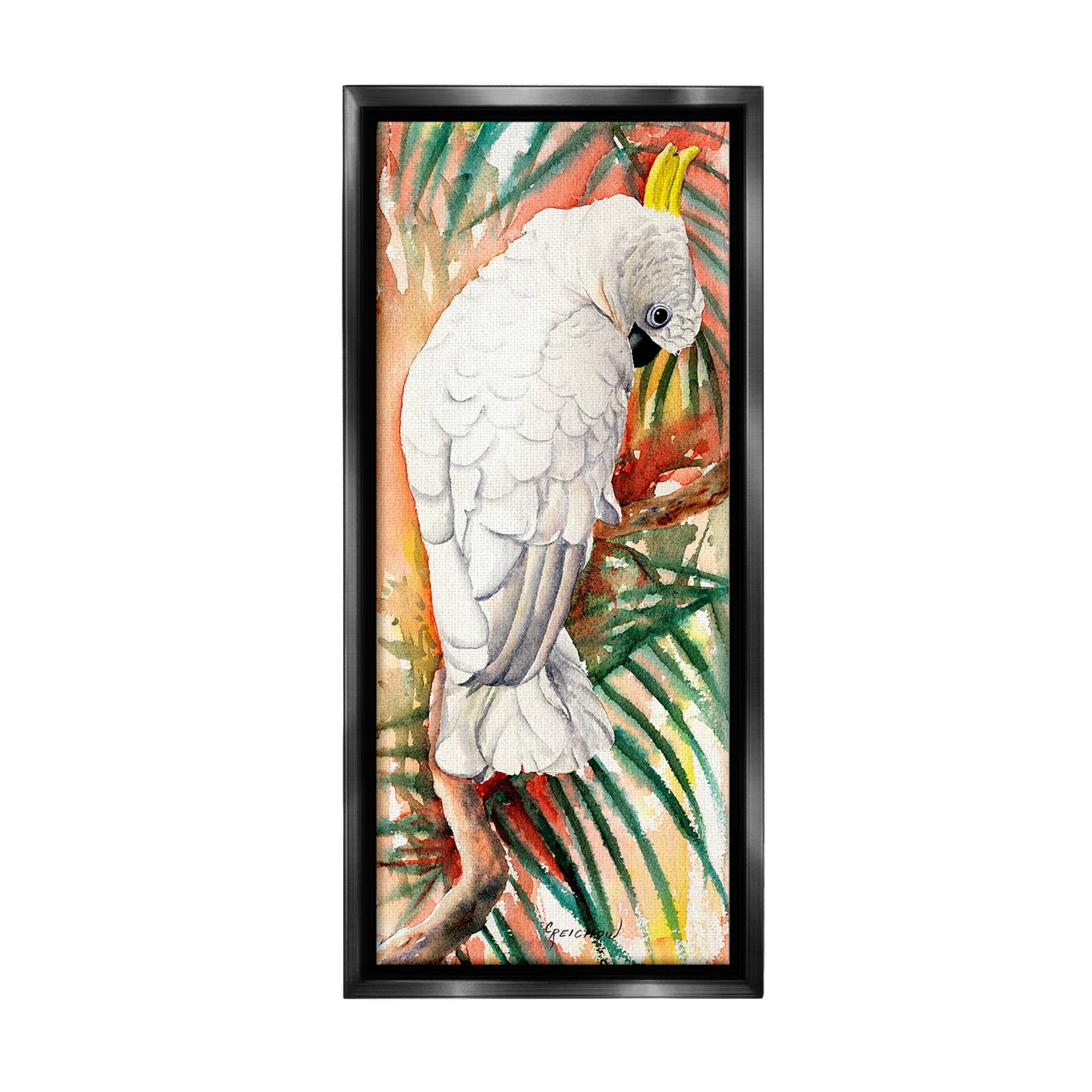 Stupell Industries Cockatoo & Vivid Branches Animals & Insects Painting Black Floater Framed Canvas Art Print Wall Art, 14 x 31
